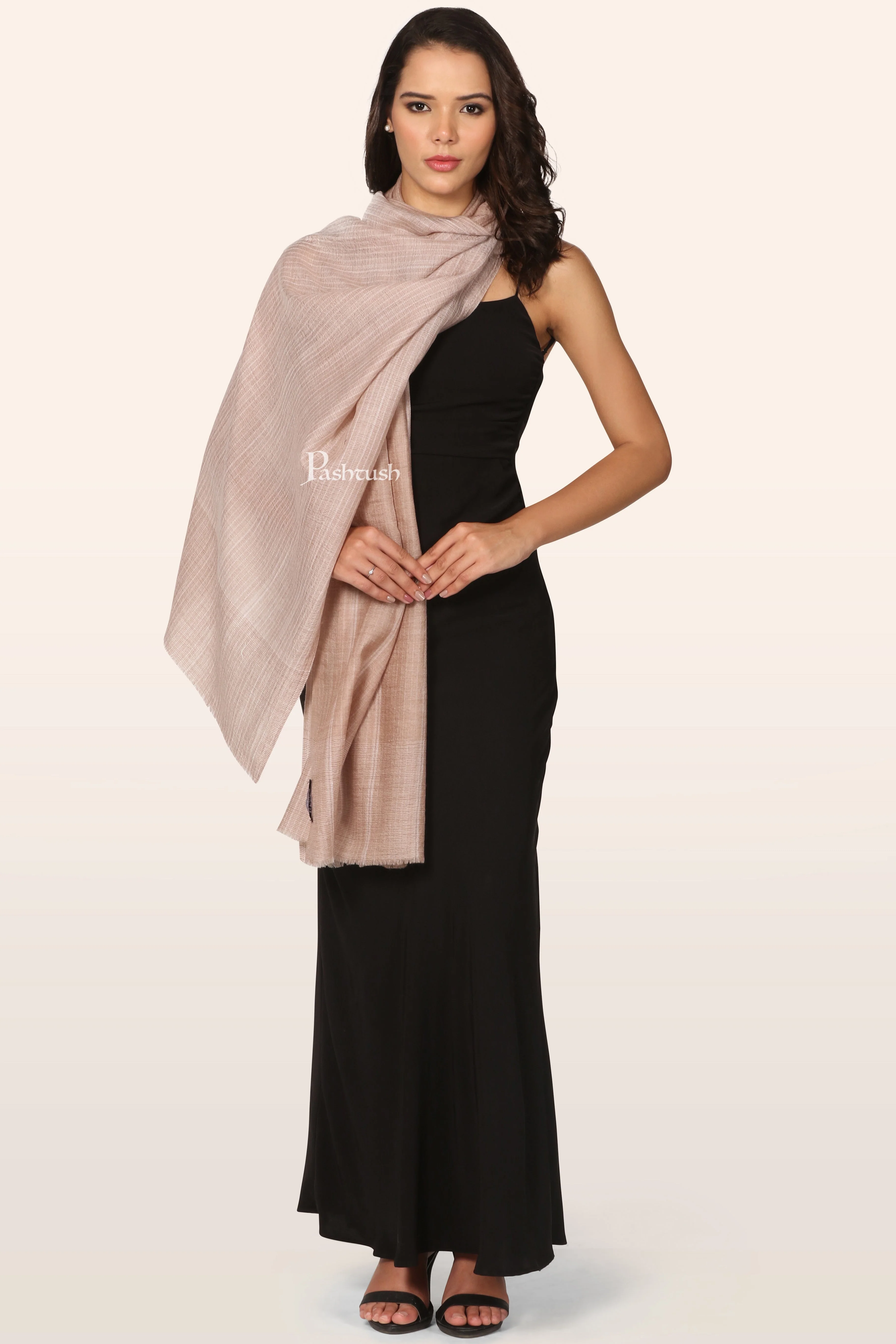 Pashtush Womens Extra Fine Wool Stole, Stripe Weave Design, Taupe - Image 3