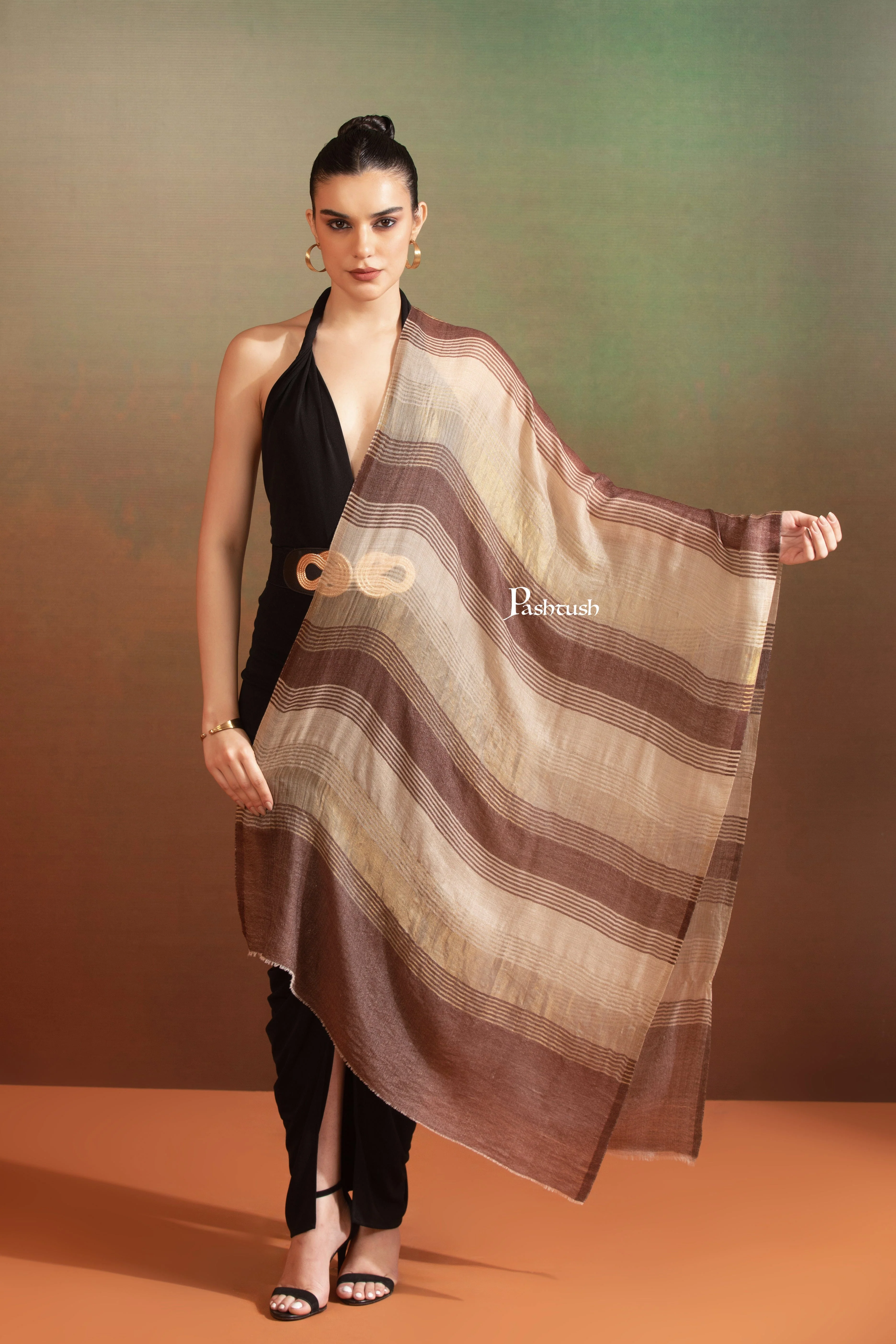 Pashtush Womens Extra Fine Wool Stole, Twilight Collection, Shimmery Weave Design, Espresso Brown - Image 3