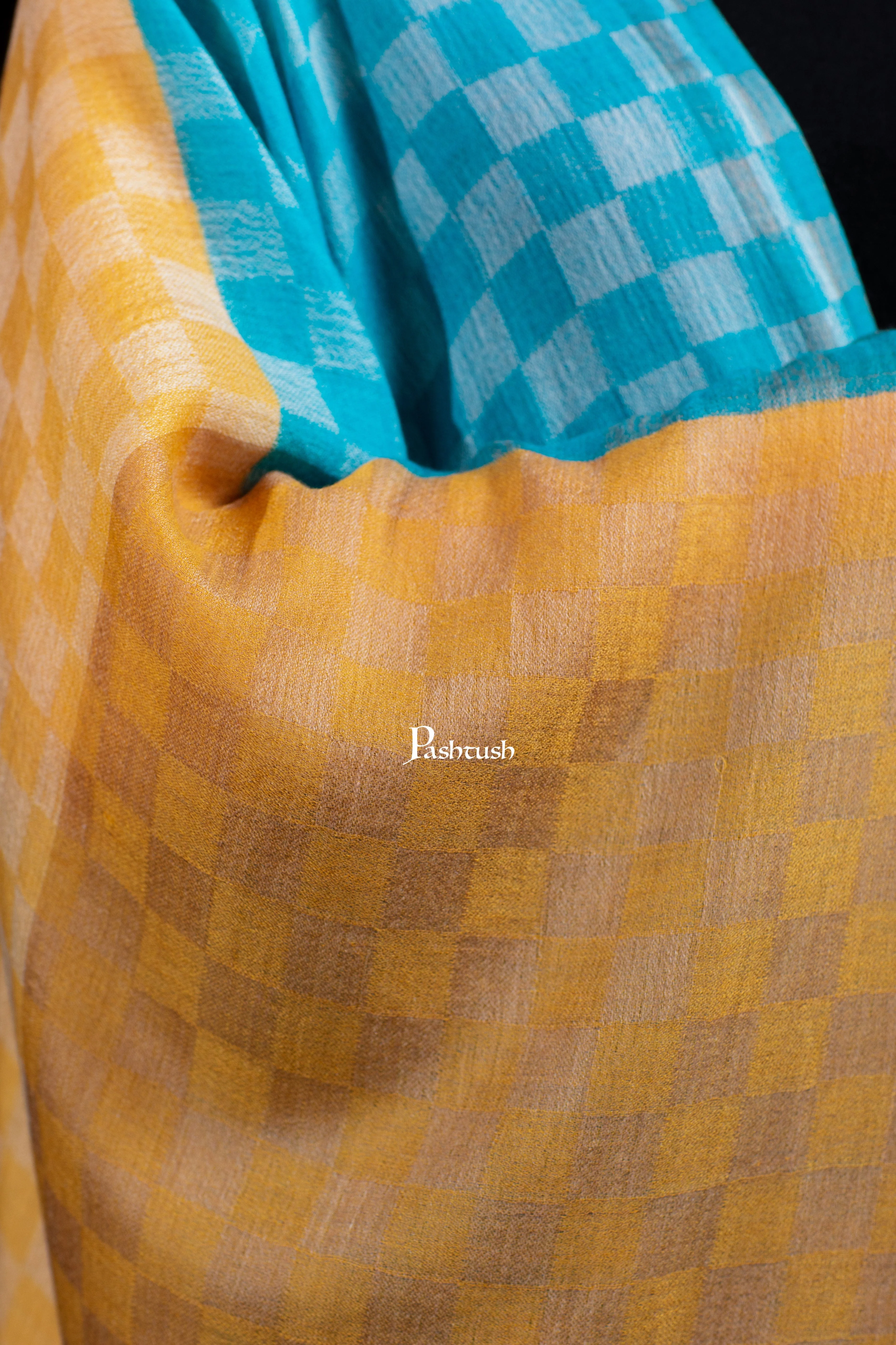 Pashtush Womens Extra Fine Wool Stole, Twin Colour Weave Checkered Design, Sage And Teal - Image 2