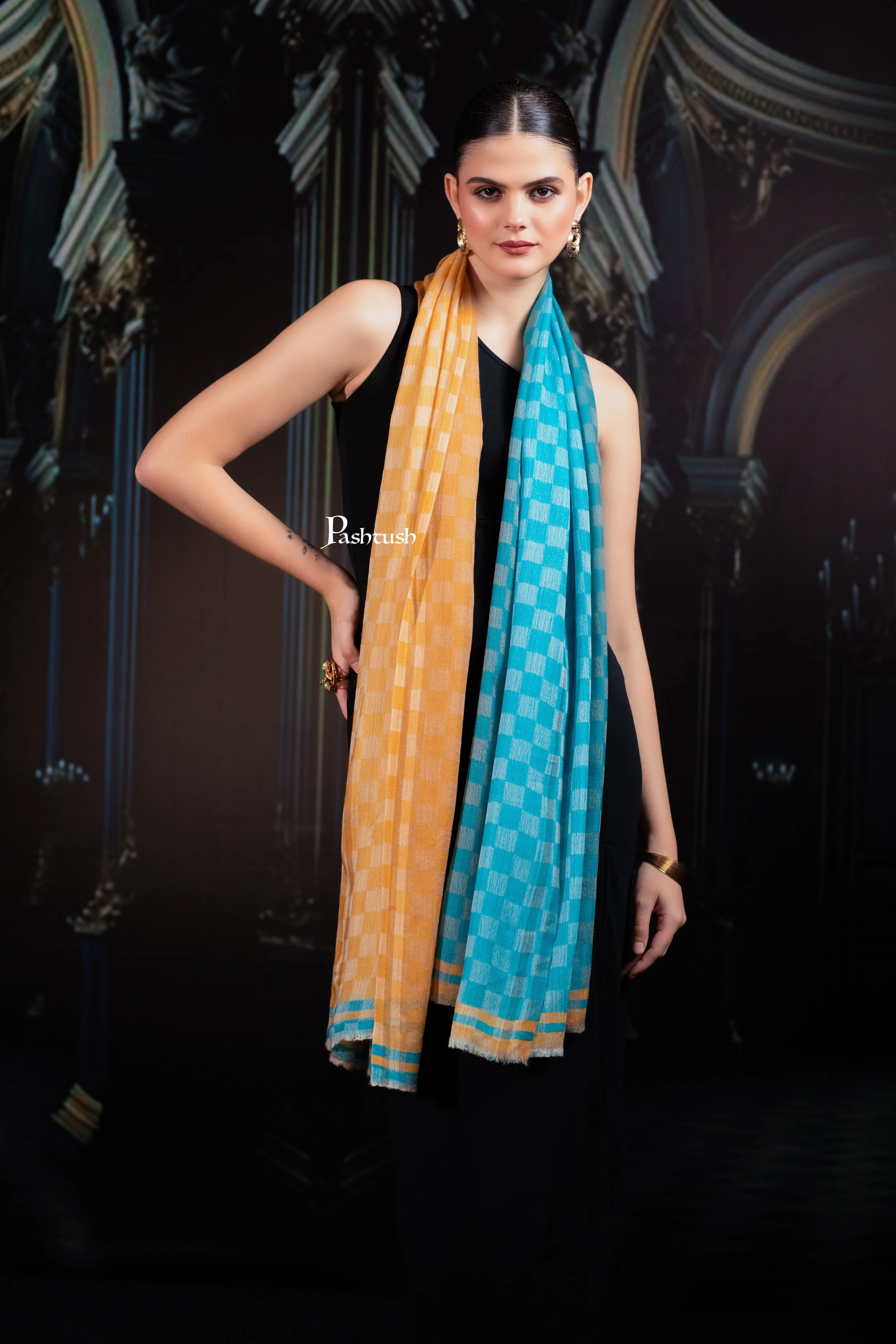 Pashtush Womens Extra Fine Wool Stole, Twin Colour Weave Checkered Design, Sage And Teal - Image 3