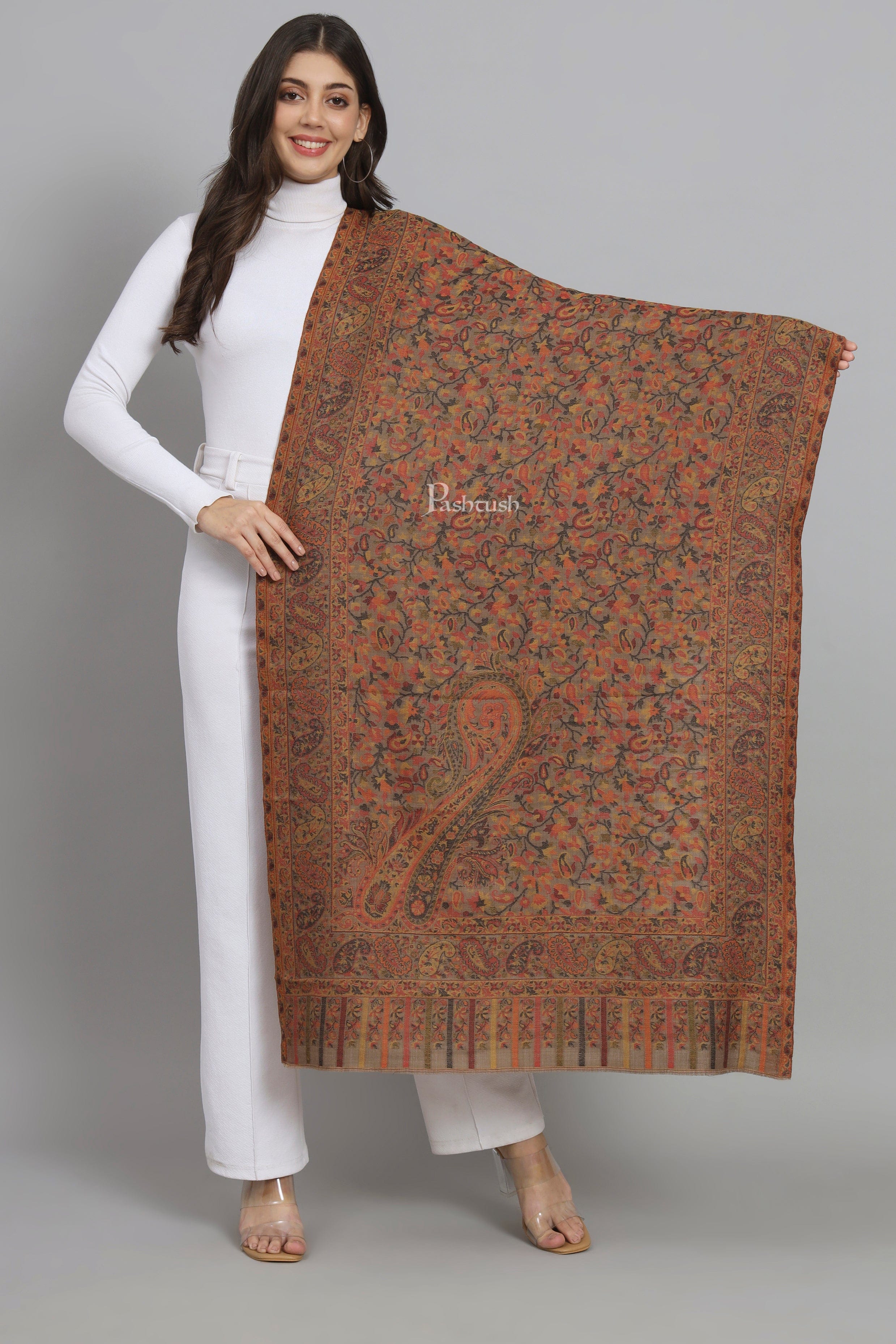 Pashtush Womens Extra Fine Wool Stole, Woven Ethnic Weave Design, Taupe - Image 7
