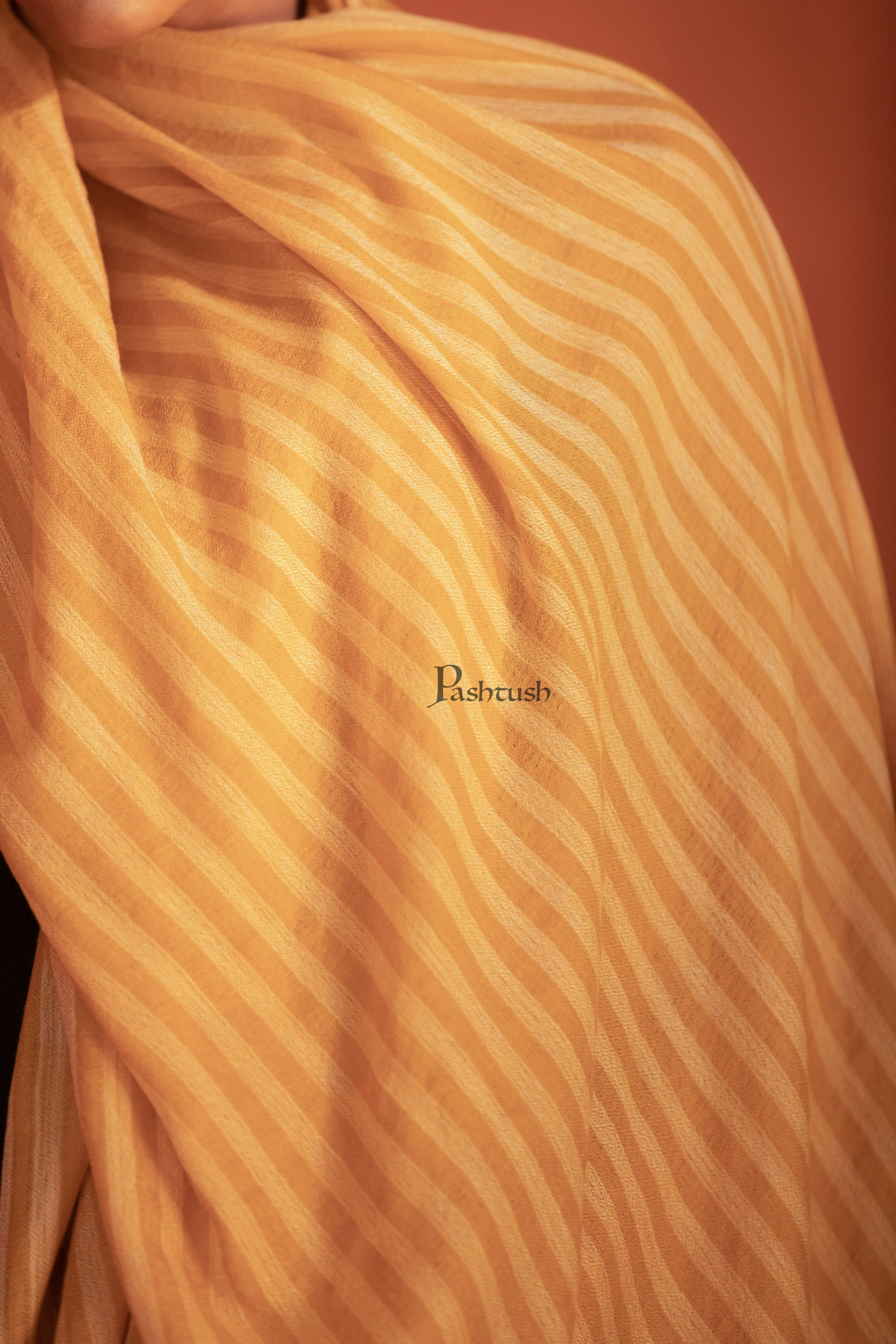 Pashtush Womens Extra Fine Wool Stole, Woven Stripes, Yellow - Image 2