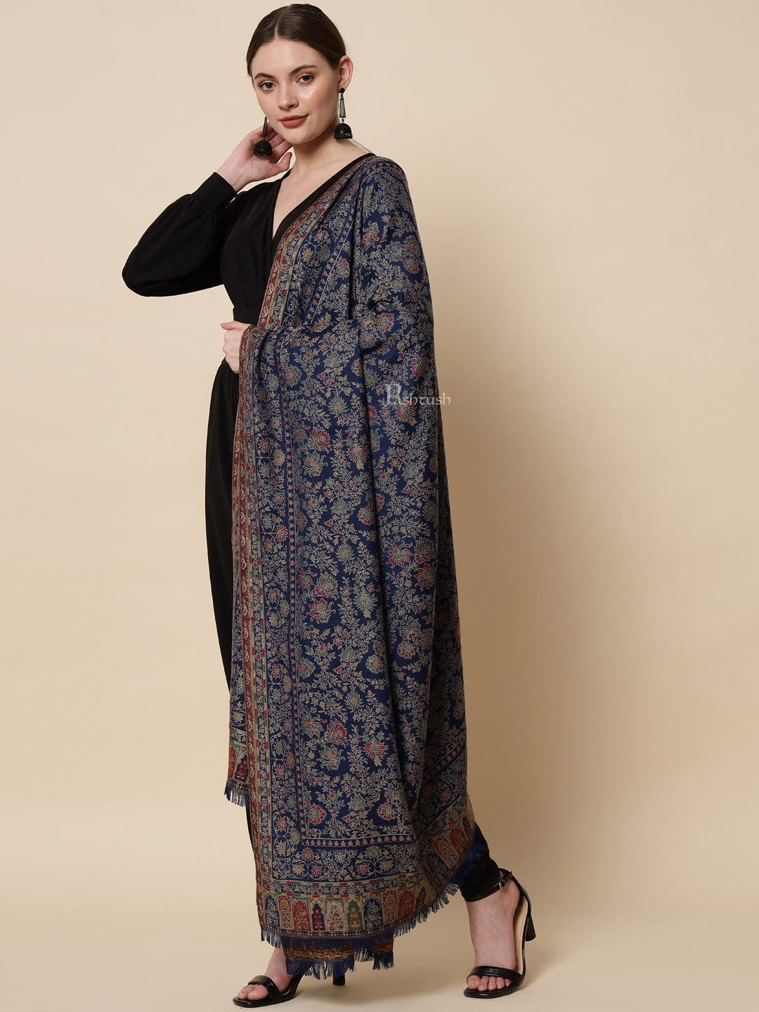 Pashtush Womens Faux Pashmina Ethnic Weave Shawl, Navy Blue - Image 5