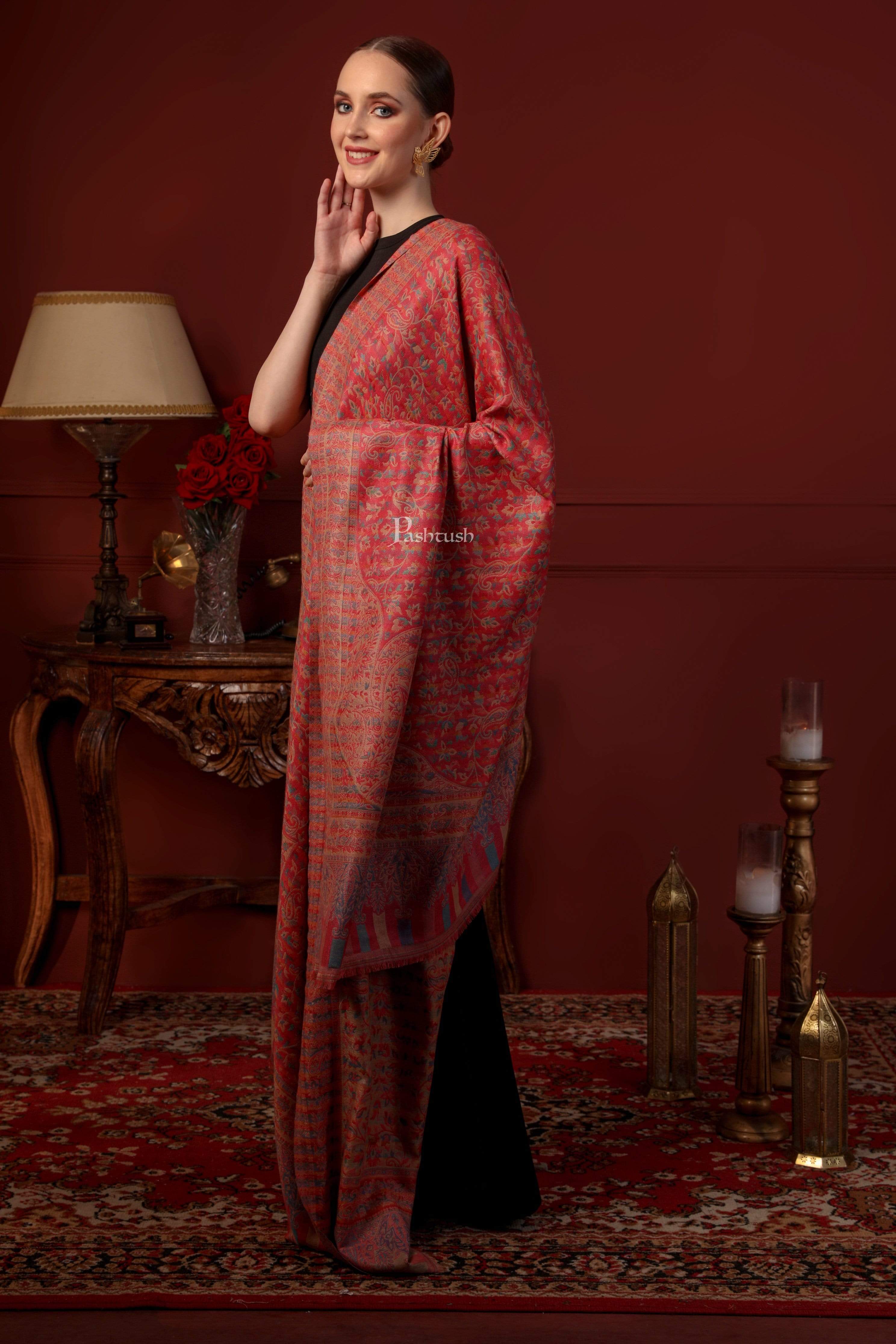 Pashtush Womens Faux Pashmina Pink And Beige Jamawar Shawl - Image 4