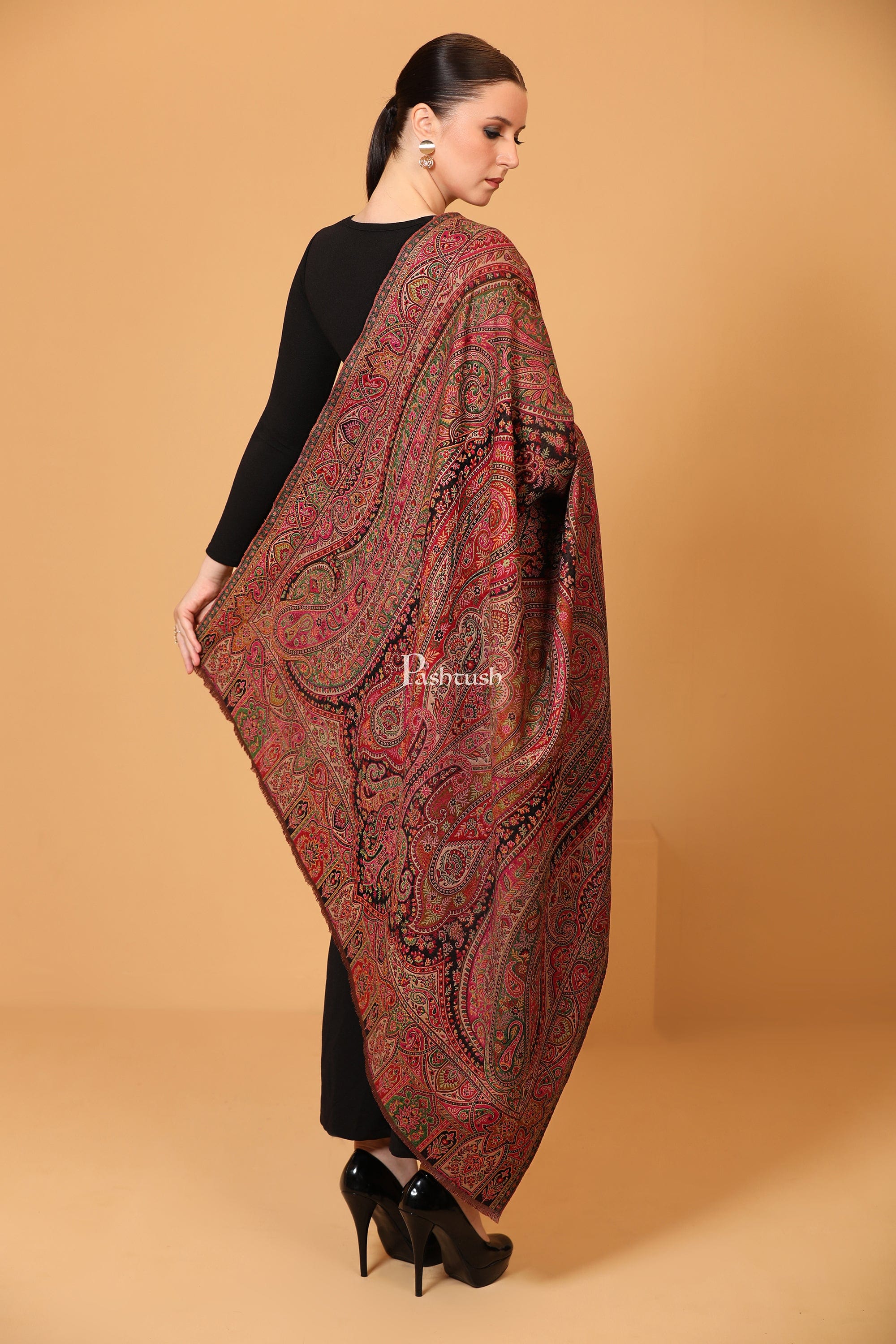 Pashtush womens Faux Pashmina shawl, Antique Rich Garden Aesthetic design, Multicolour - Image 8