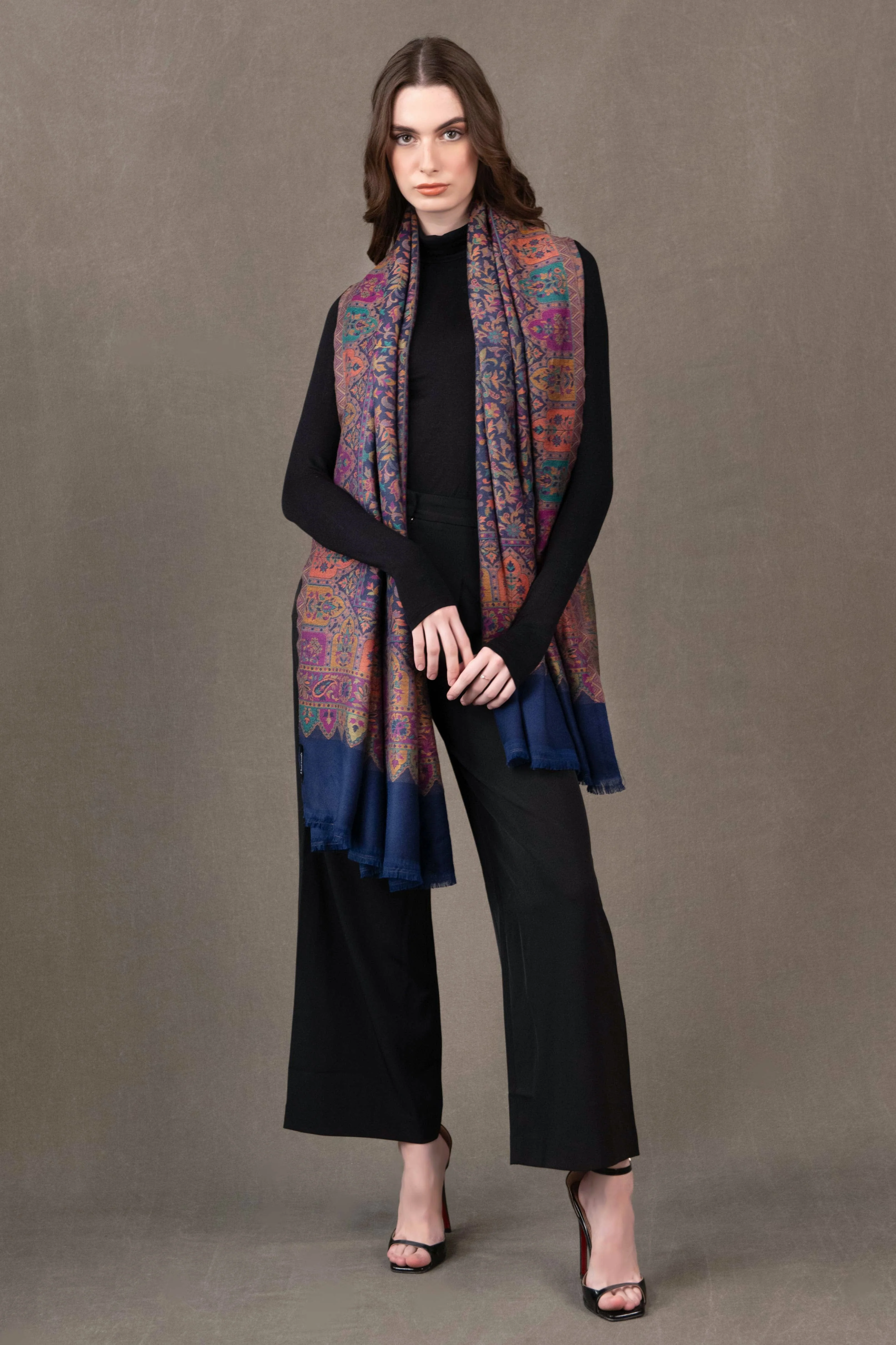 Pashtush Womens Faux Pashmina Shawl, Ethnic Jamawar  Design, Blue - Image 3