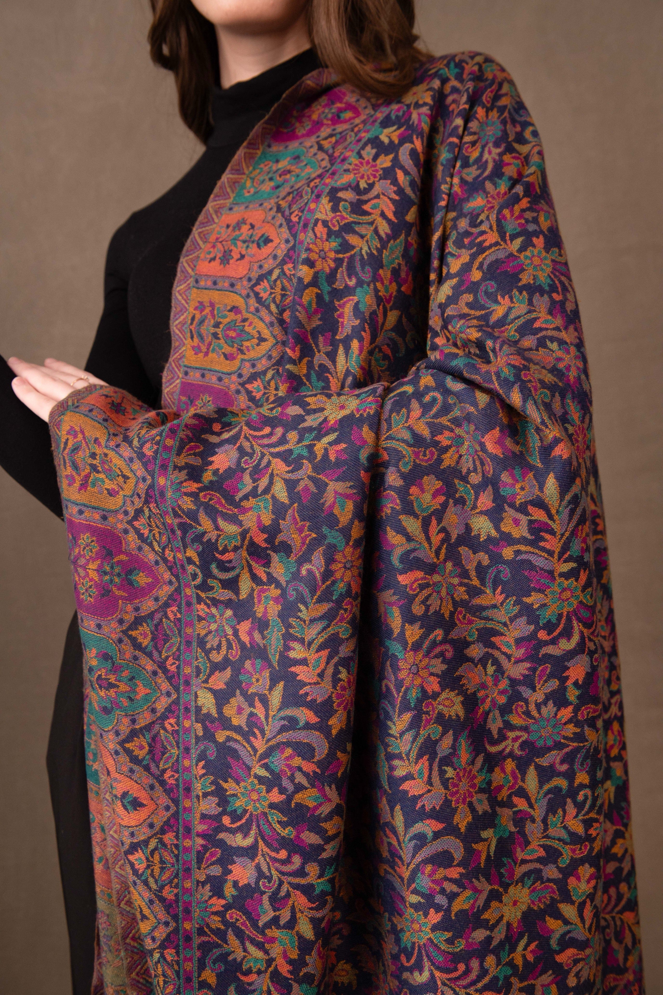 Pashtush Womens Faux Pashmina Shawl, Ethnic Jamawar  Design, Blue - Image 4