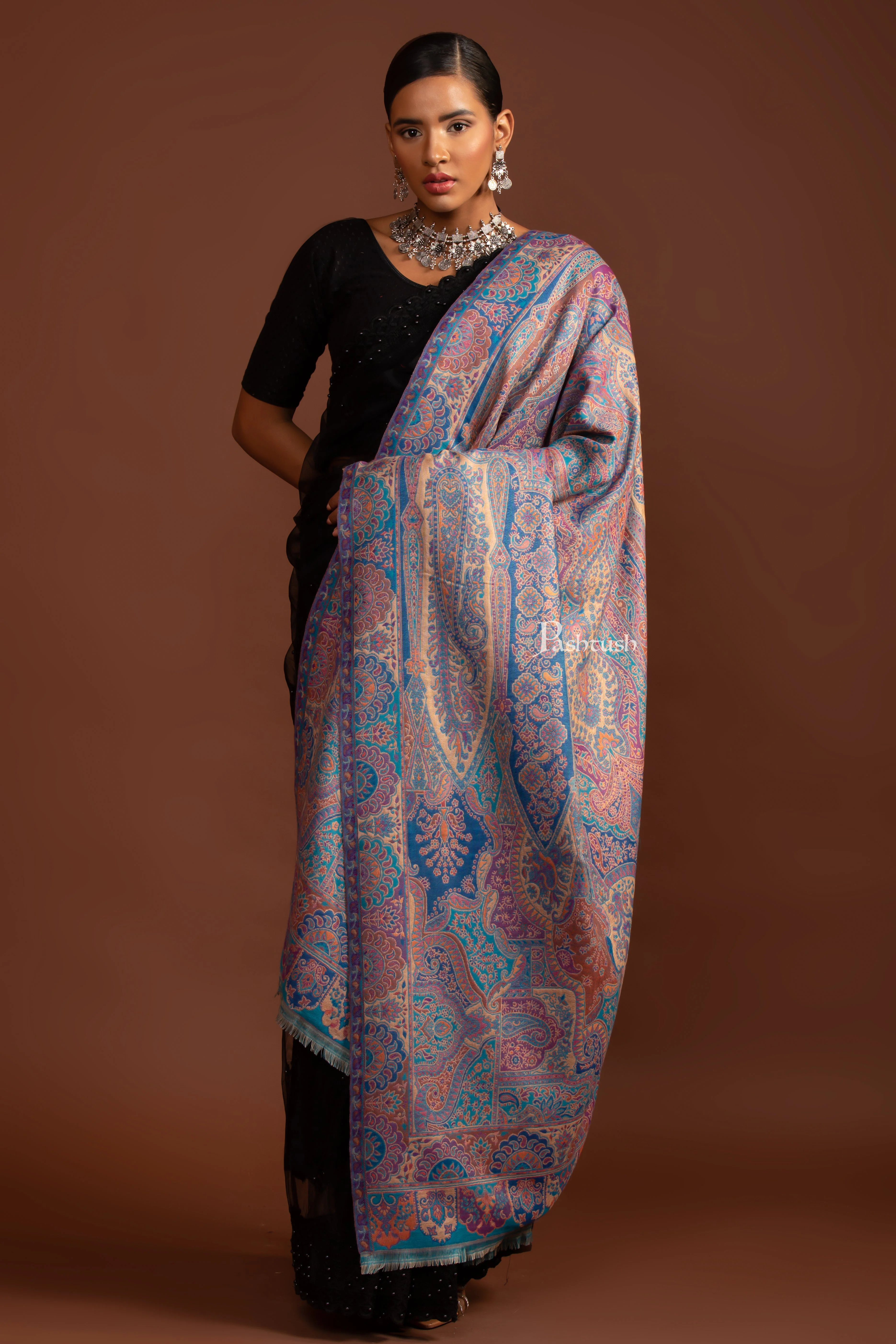 Pashtush Womens Faux Pashmina Shawl, Ethnic Paisley Weave, Multicolour - Image 4
