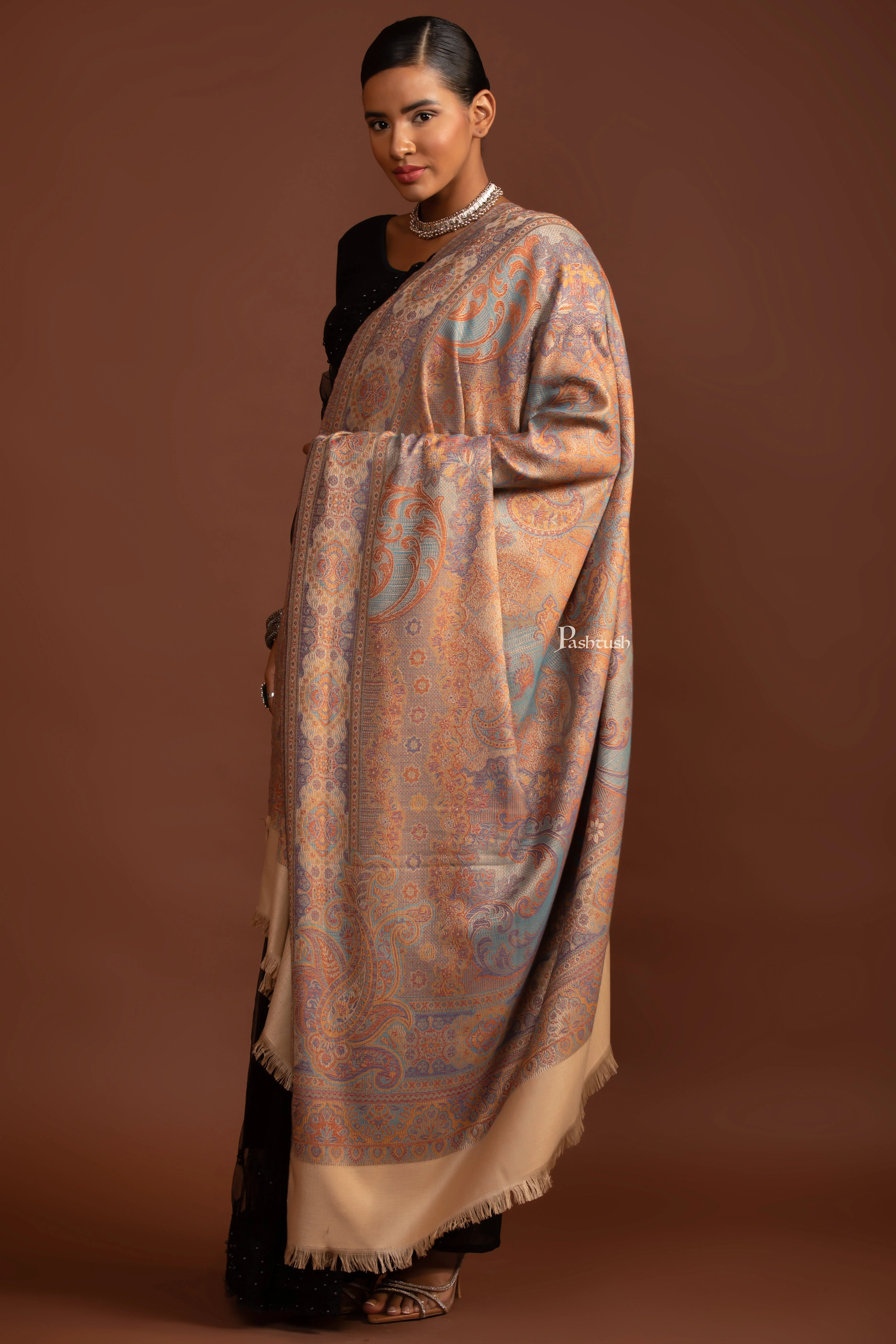 Pashtush Womens Faux Pashmina Shawl, Ethnic Weave, Beige - Image 5