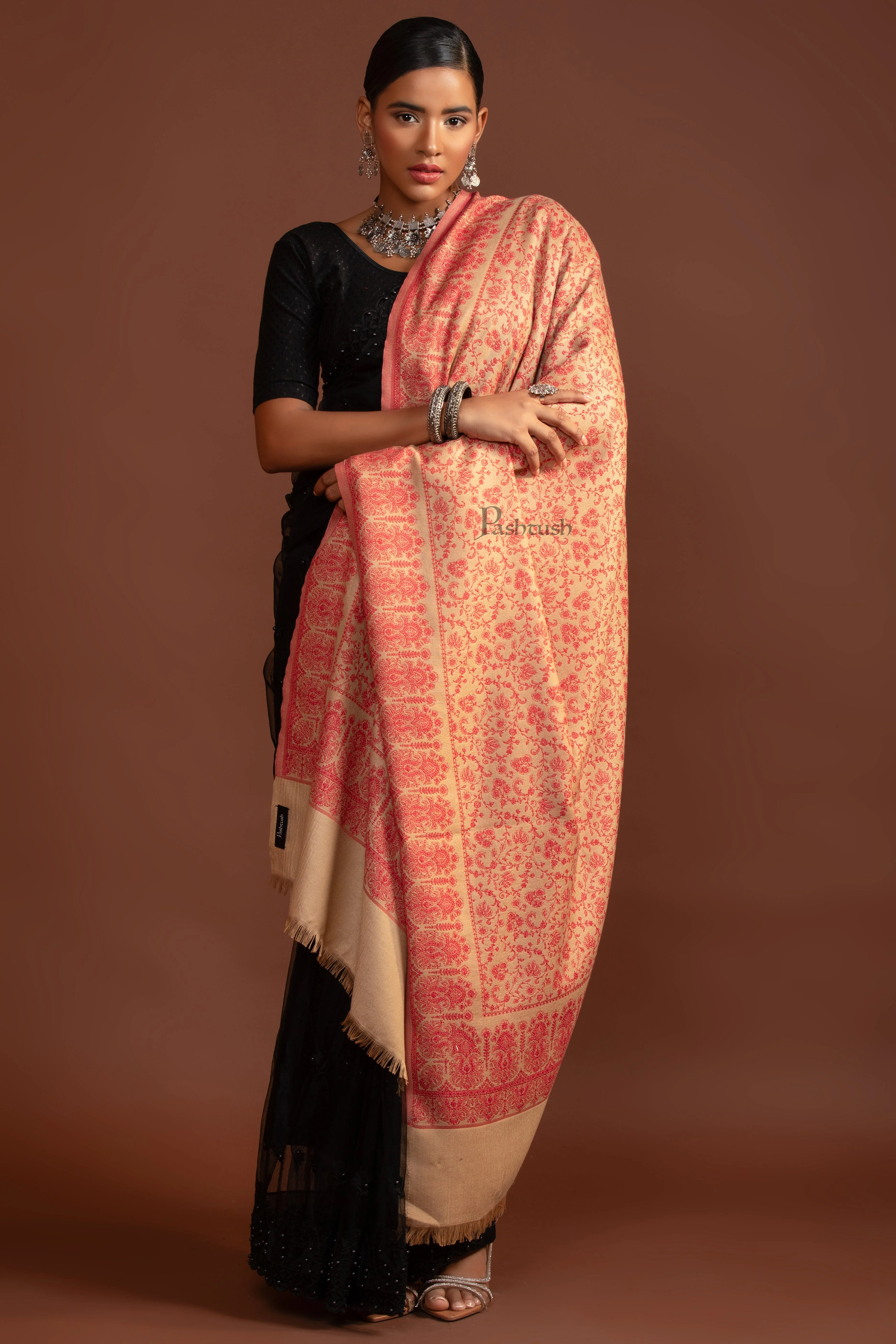 Pashtush Womens Faux Pashmina Shawl, Ethnic  Weave Design, Beige And Red - Image 4