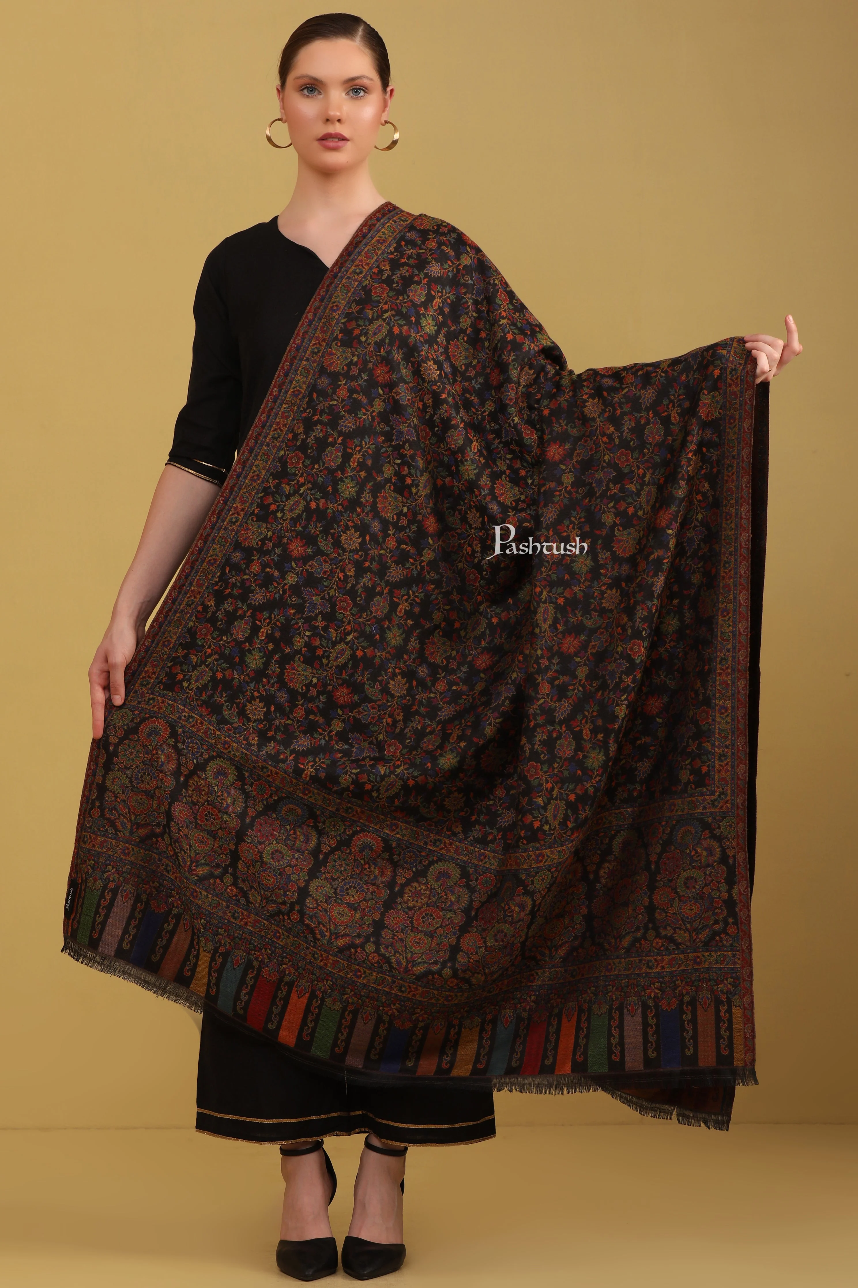 Pashtush Womens Faux Pashmina Shawl, Ethnic  Weave Design, Black - Image 2