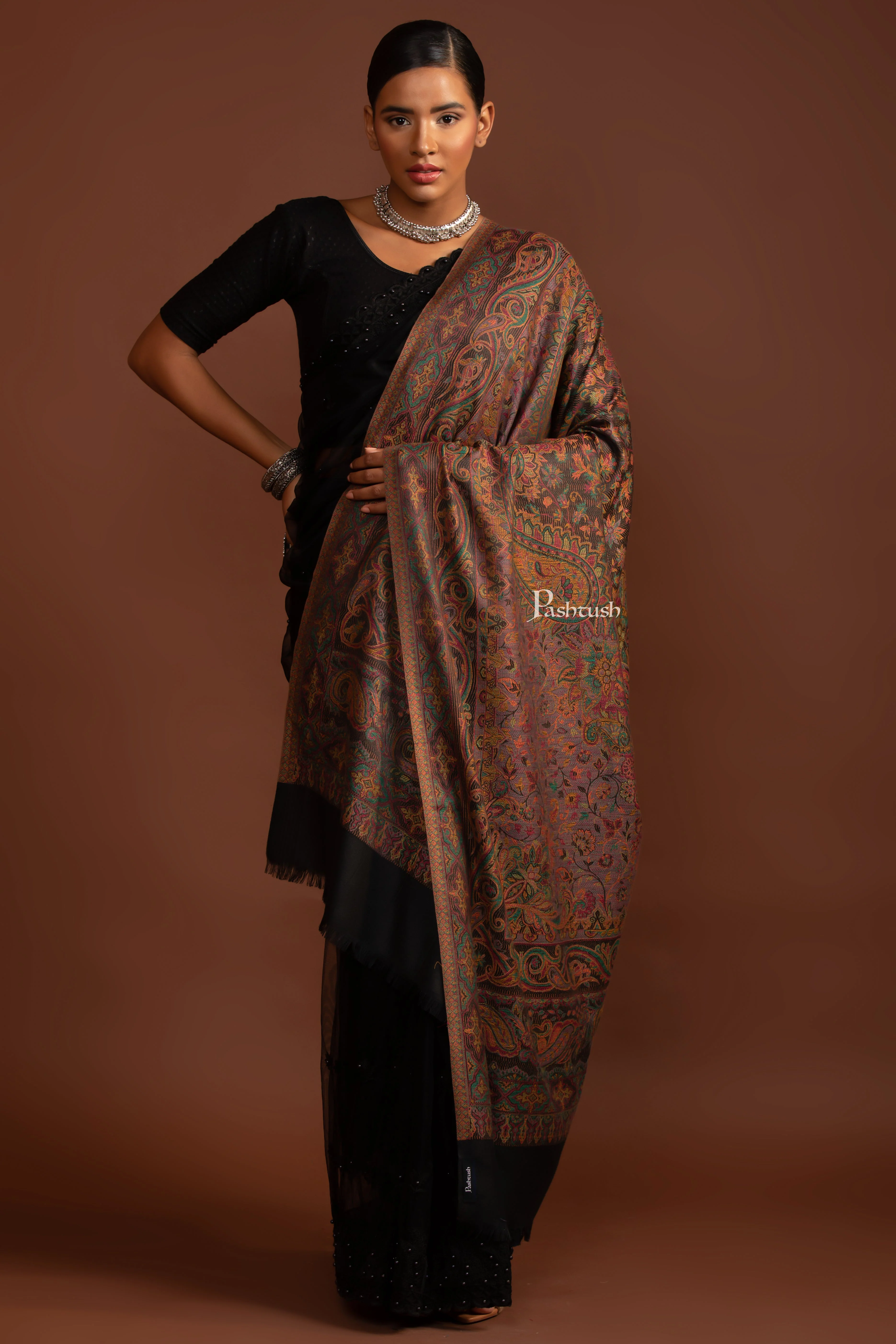 Pashtush Womens Faux Pashmina Shawl, Ethnic Weave Design, Black - Image 5