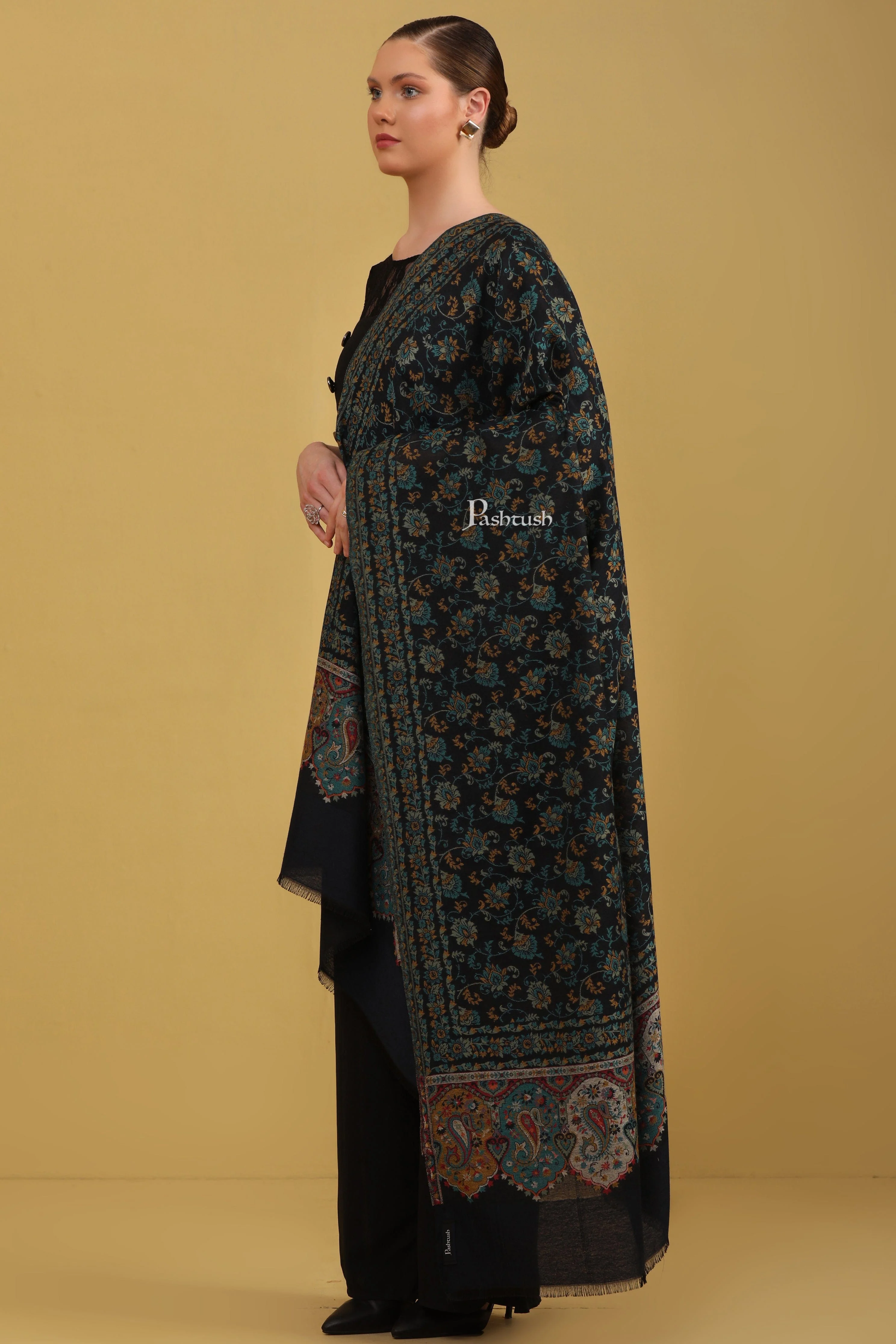 Pashtush Womens Faux Pashmina Shawl, Ethnic Weave Design, Blue - Image 3