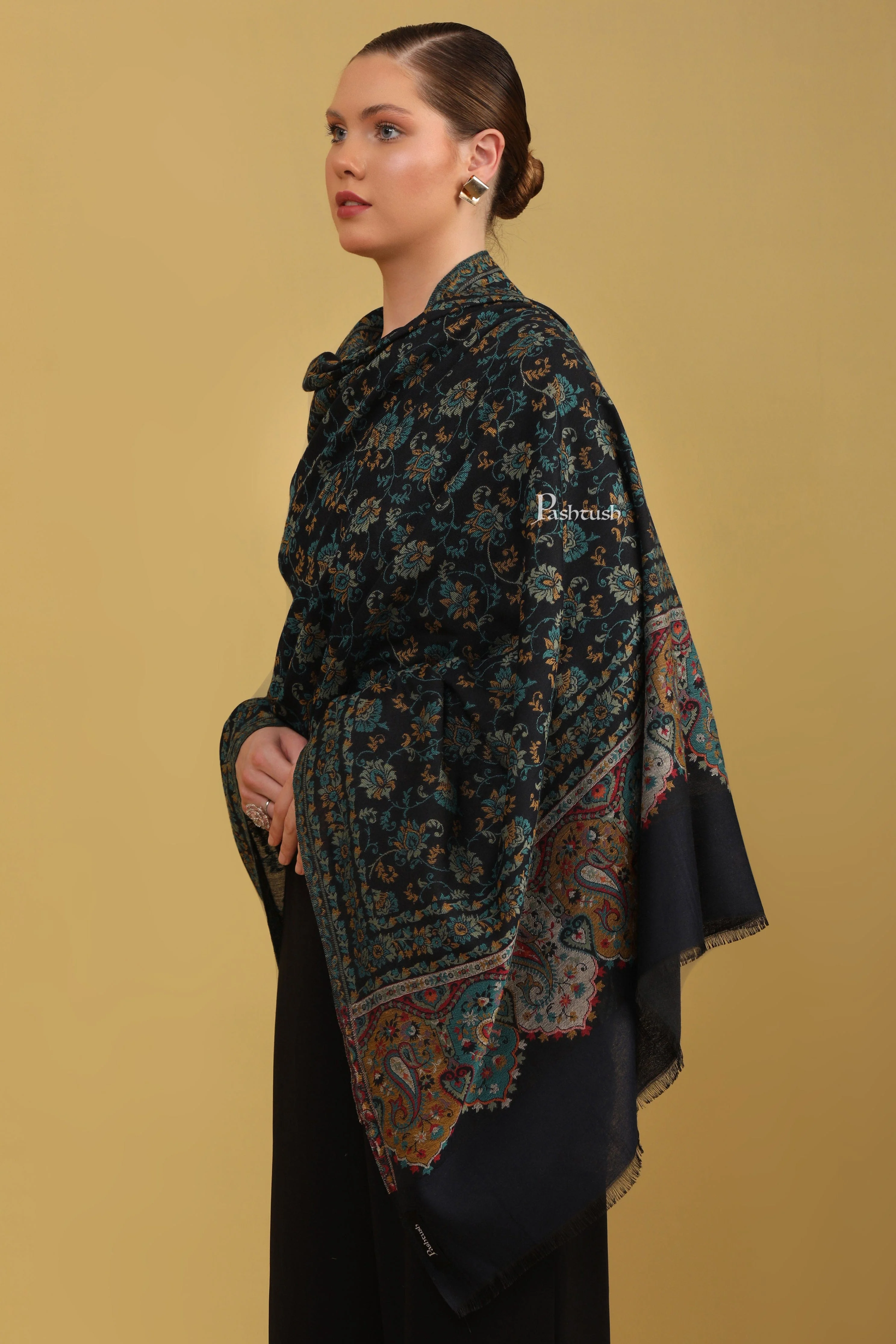 Pashtush Womens Faux Pashmina Shawl, Ethnic Weave Design, Blue - Image 4