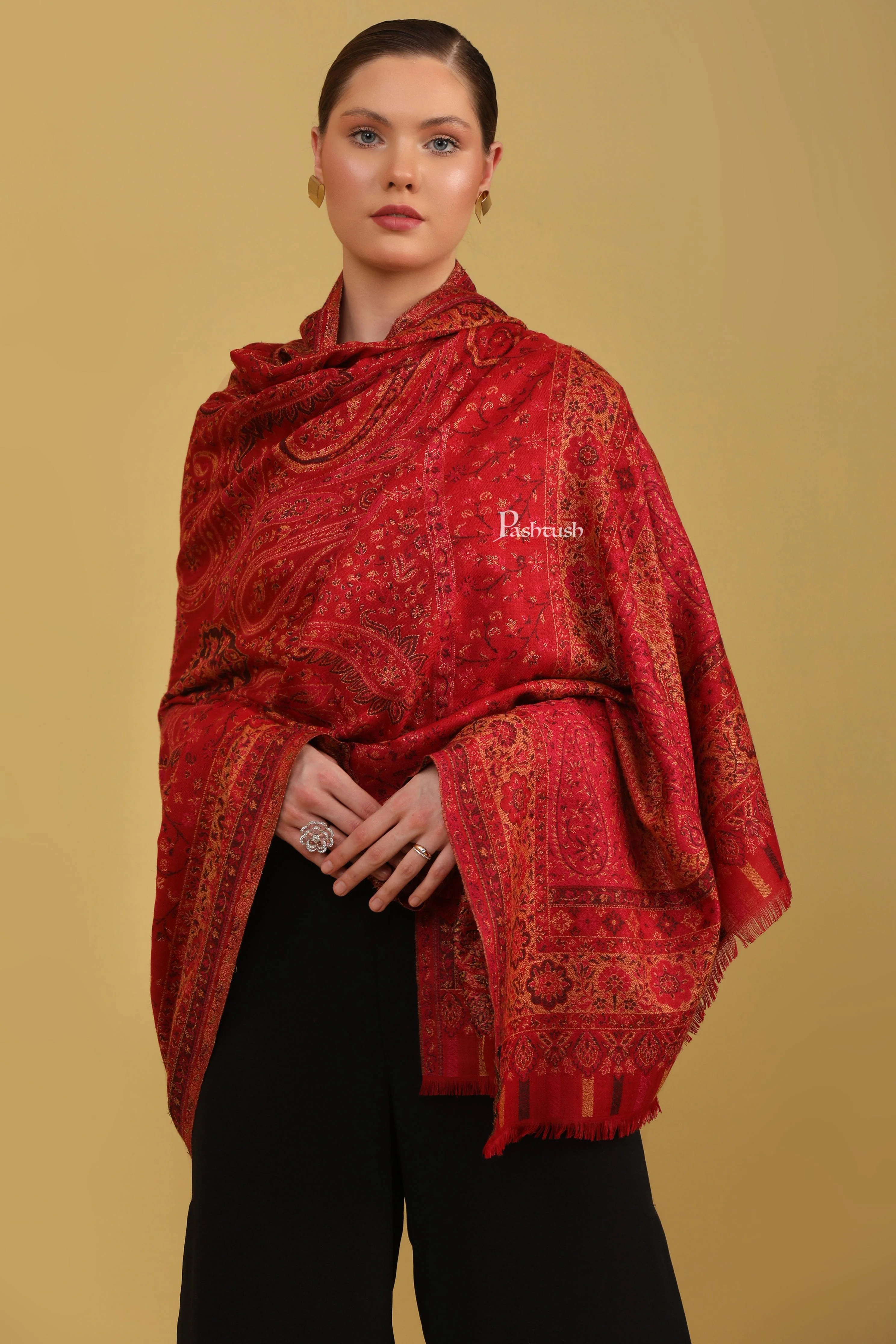 Pashtush Womens Faux Pashmina Shawl With Zari Ethnic Weave Design, Maroon - Image 3