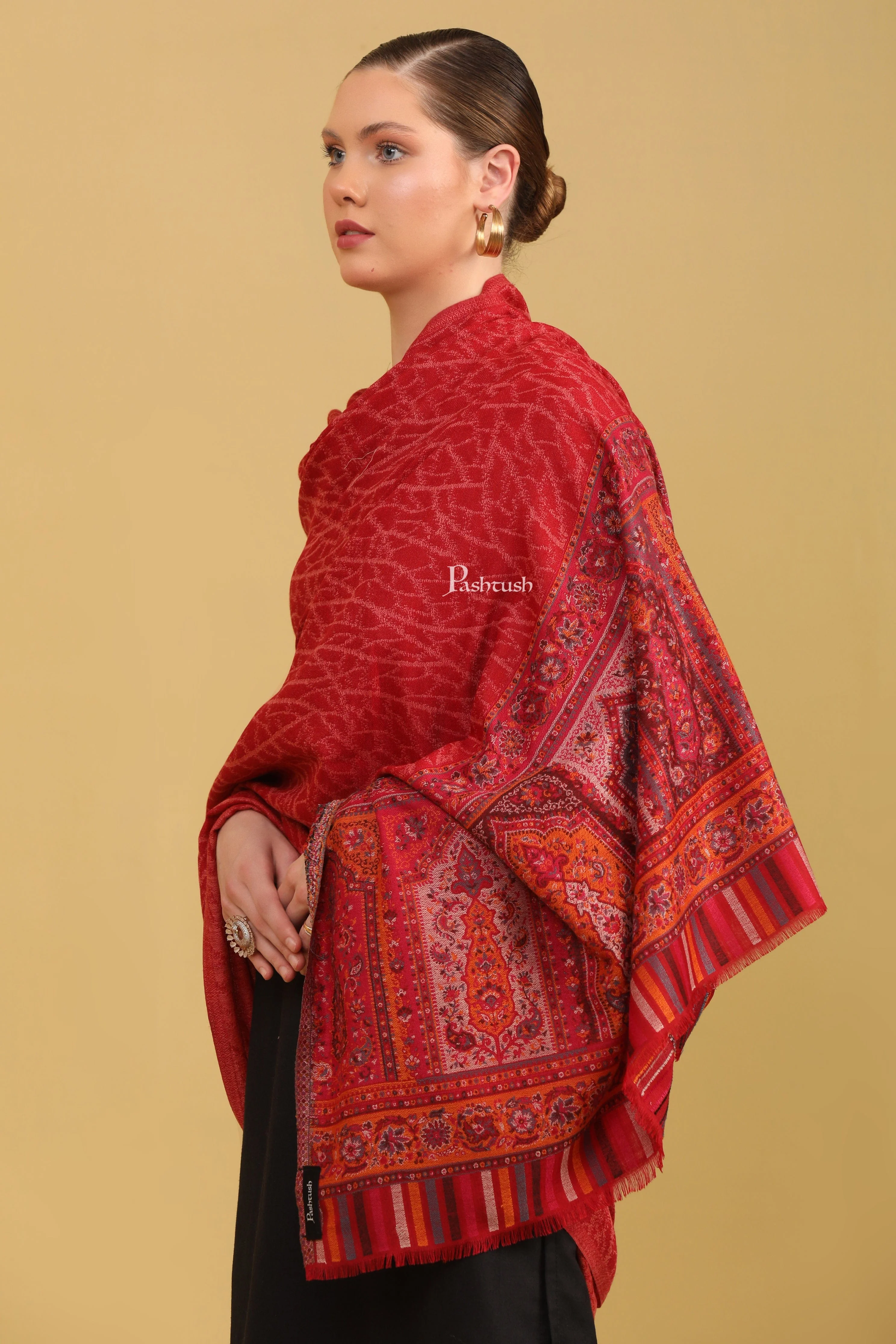 Pashtush Womens Faux Pashmina Shawl, Ethnic Weave Design, Maroon - Image 5