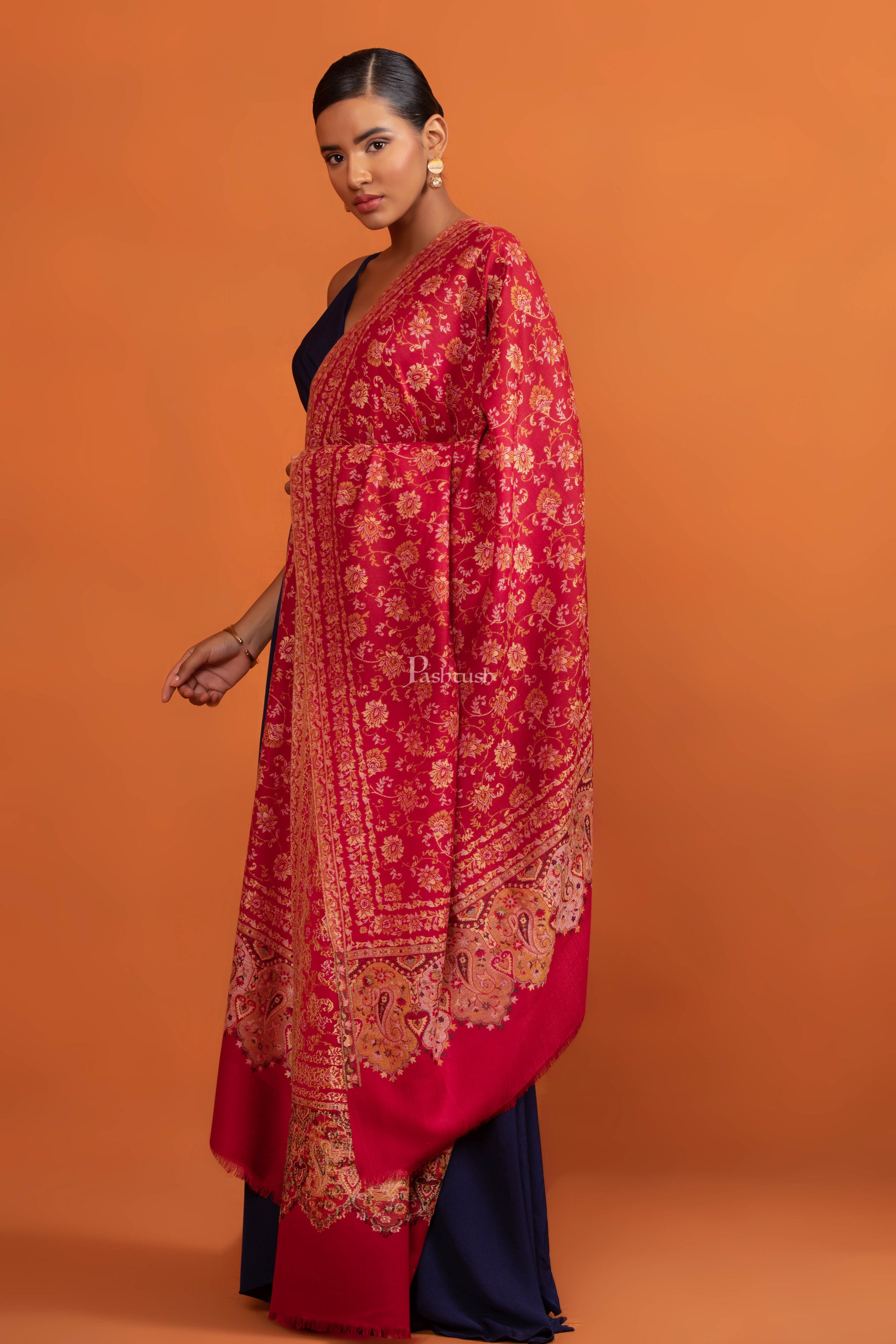 Pashtush Womens Faux Pashmina Shawl, Ethnic Weave Design, Maroon - Image 5