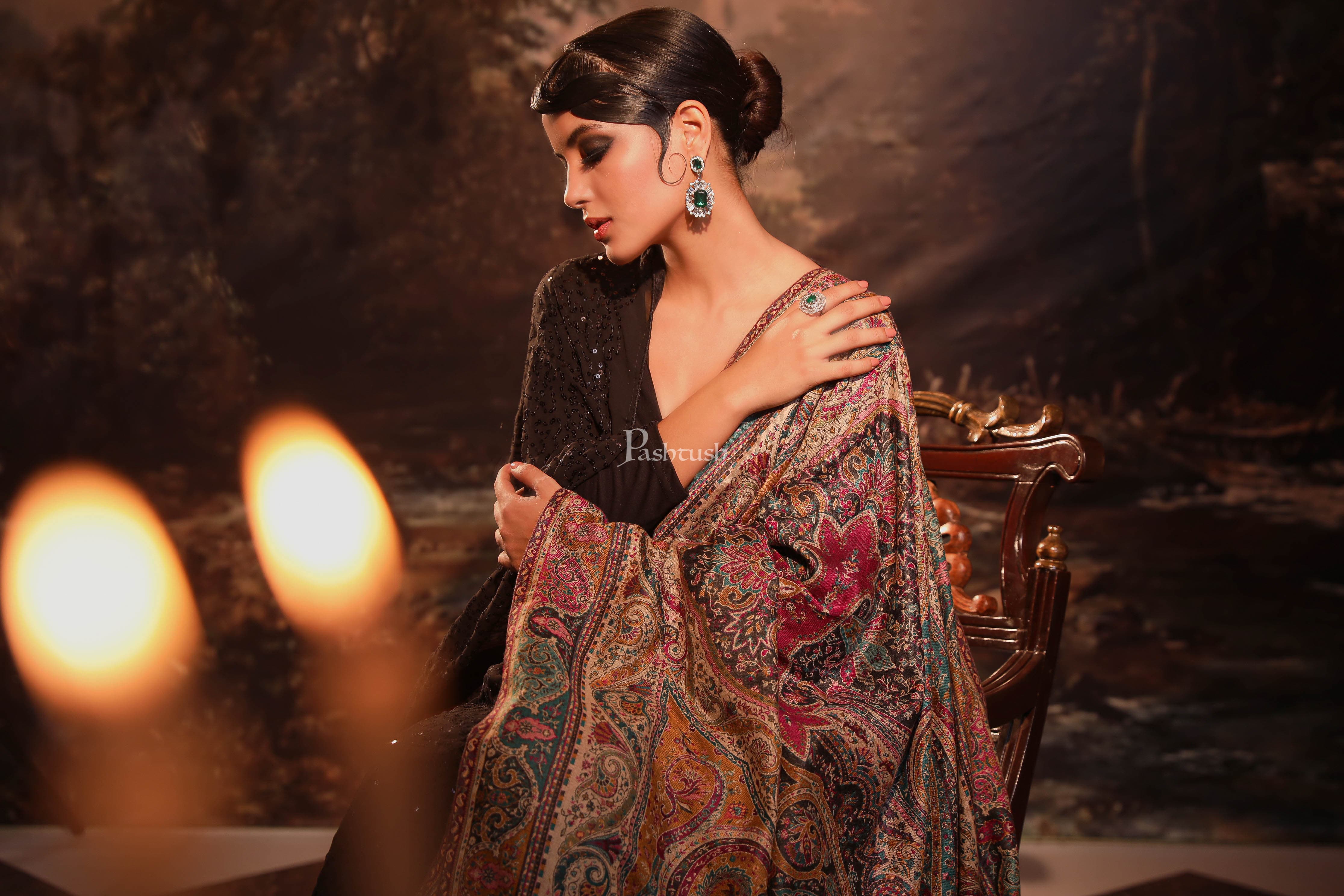 Pashtush womens faux pashmina shawl, ethnic weave design, Multicolour - Image 4
