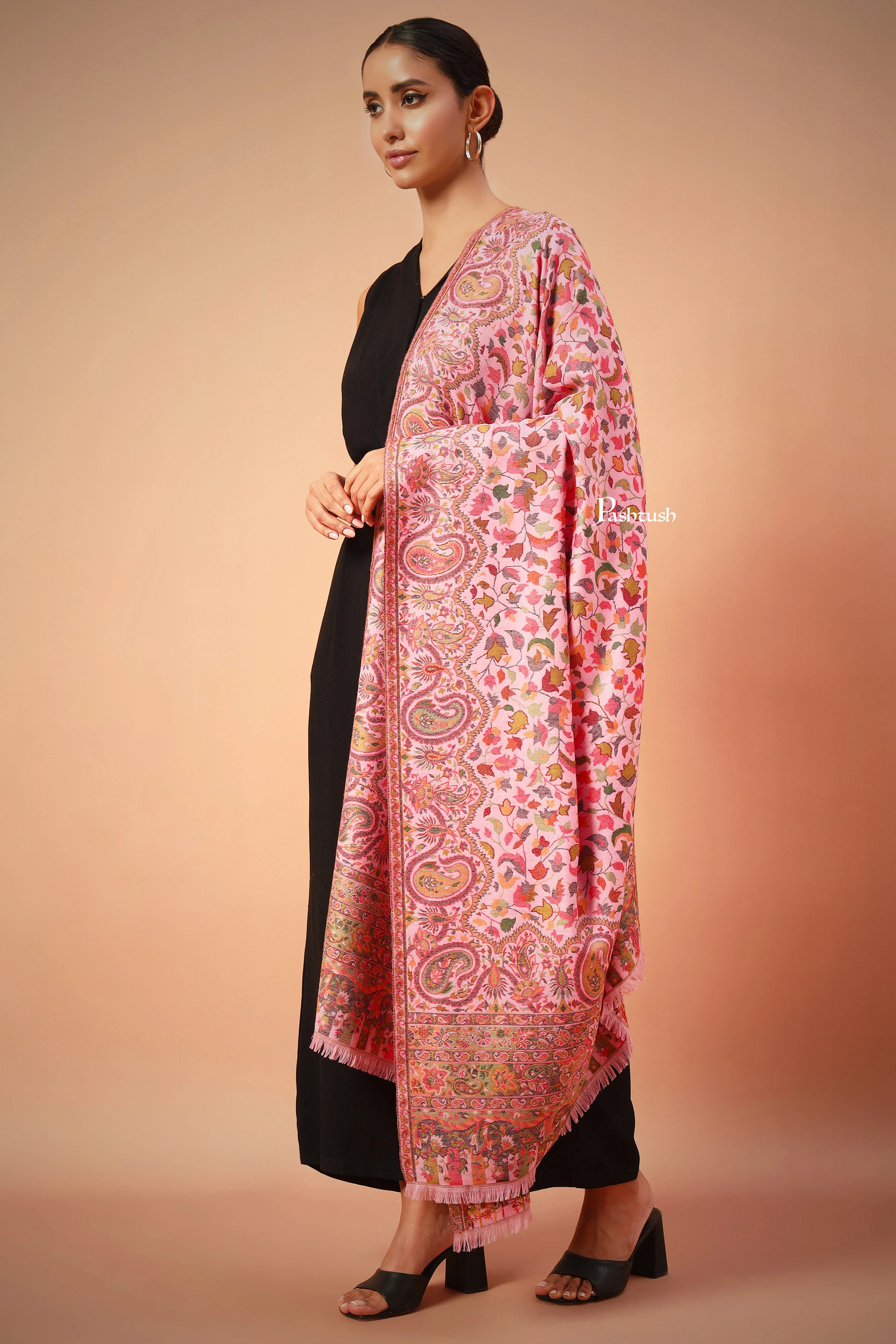 Pashtush Womens Faux Pashmina Shawl, Ethnic weave Design, Soft Pink - Image 5