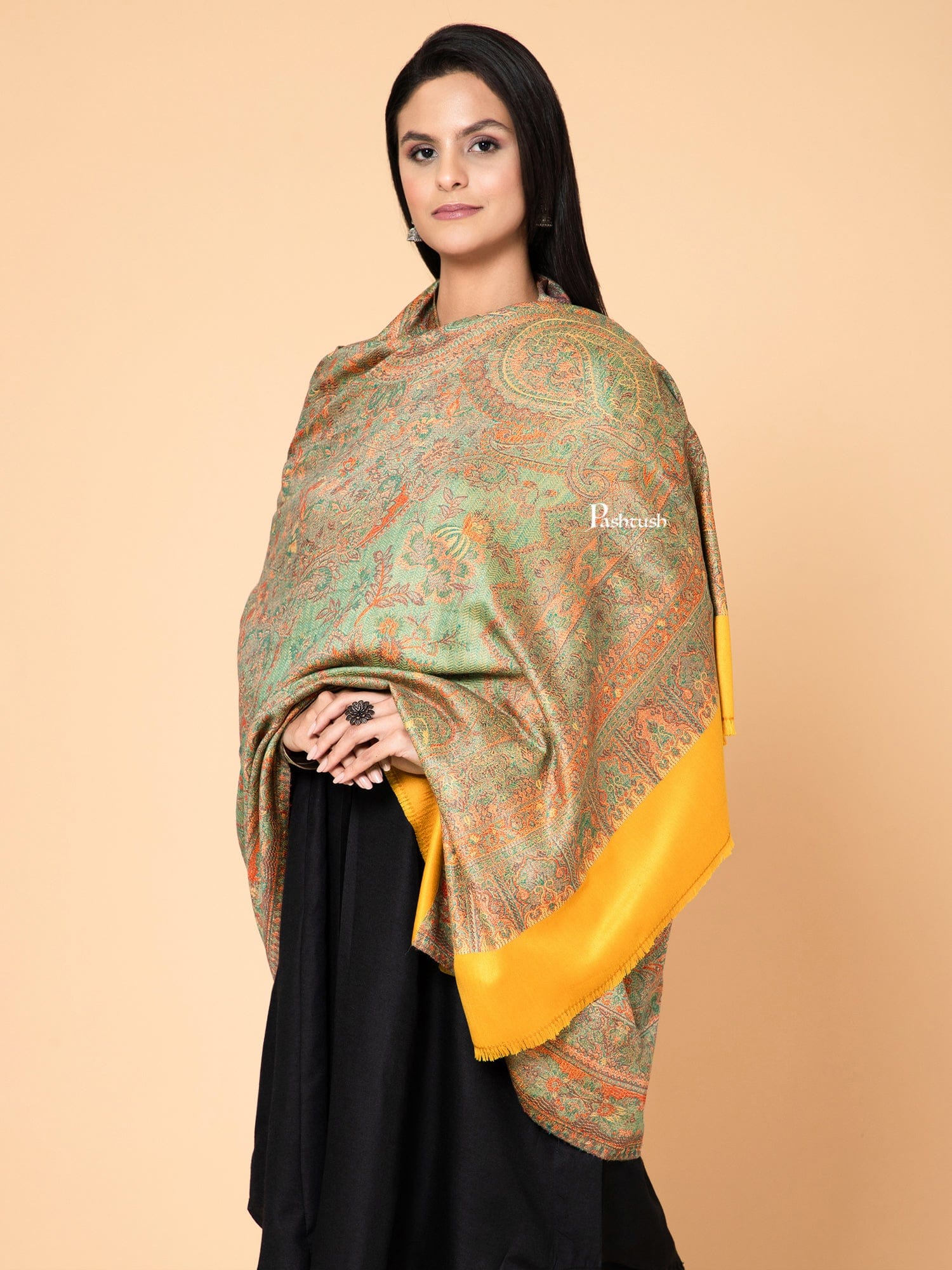 Pashtush Womens Faux Pashmina Shawl, Ethnic Weave Design, Yellow - Image 5