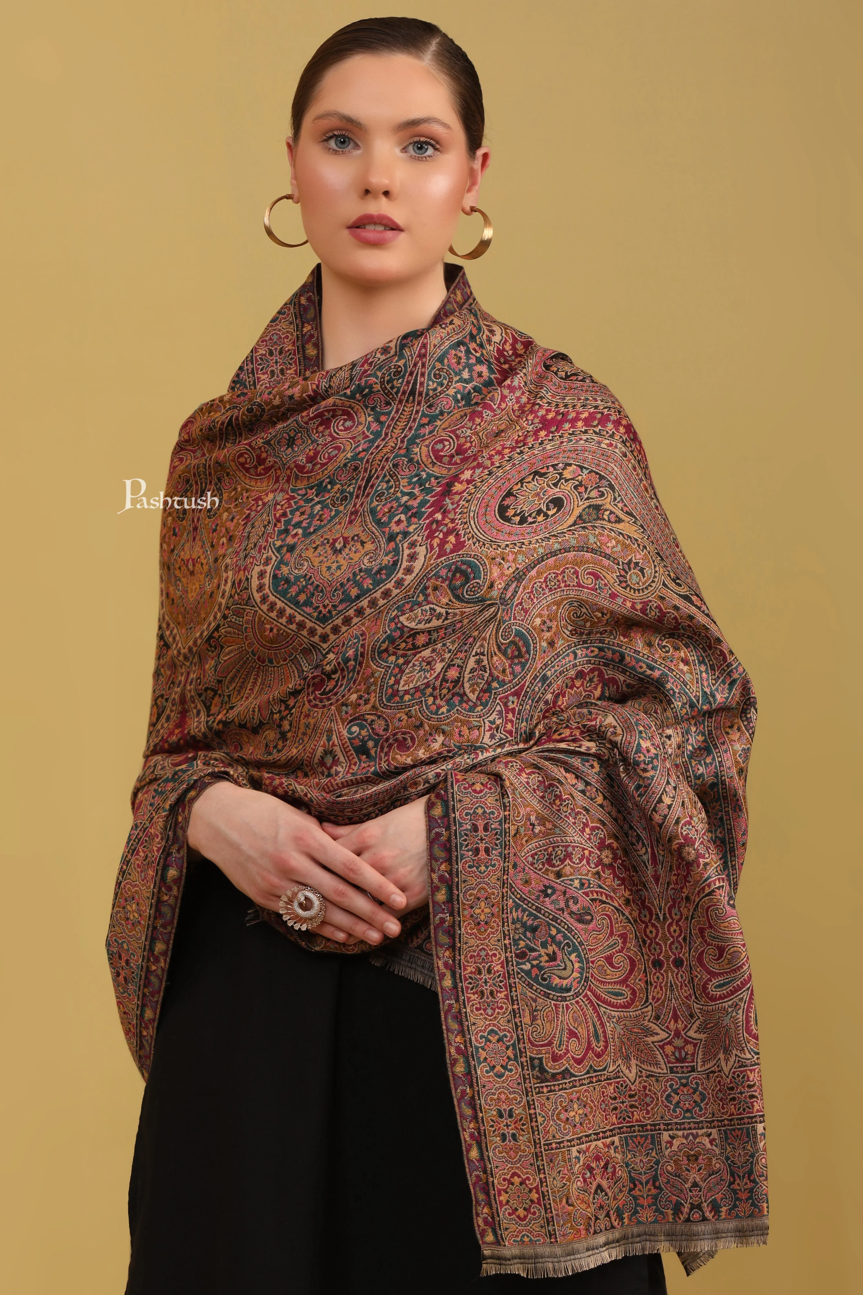Pashtush Womens Faux Pashmina Shawl, Ethnic Weave Pasiley Design, Multicolour - Image 5