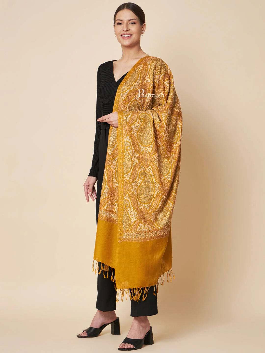 Pashtush Womens Faux Pashmina Stole, Fine Two Tone Nalki Embroidery Design, Mustard - Image 2
