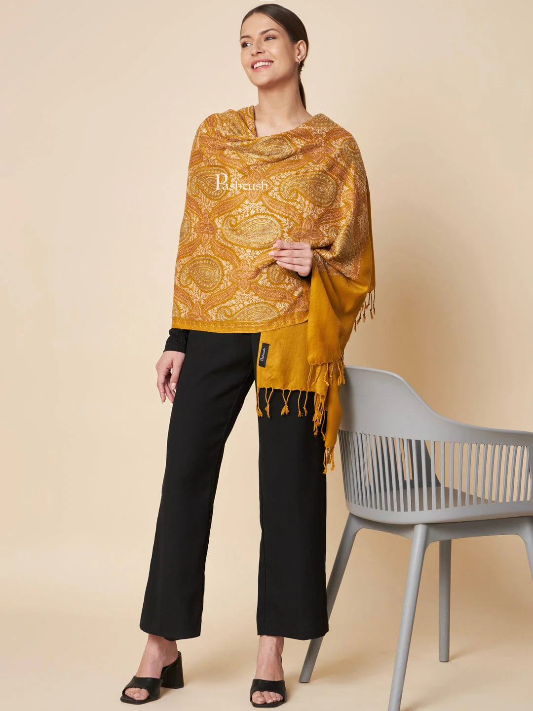 Pashtush Womens Faux Pashmina Stole, Fine Two Tone Nalki Embroidery Design, Mustard - Image 4