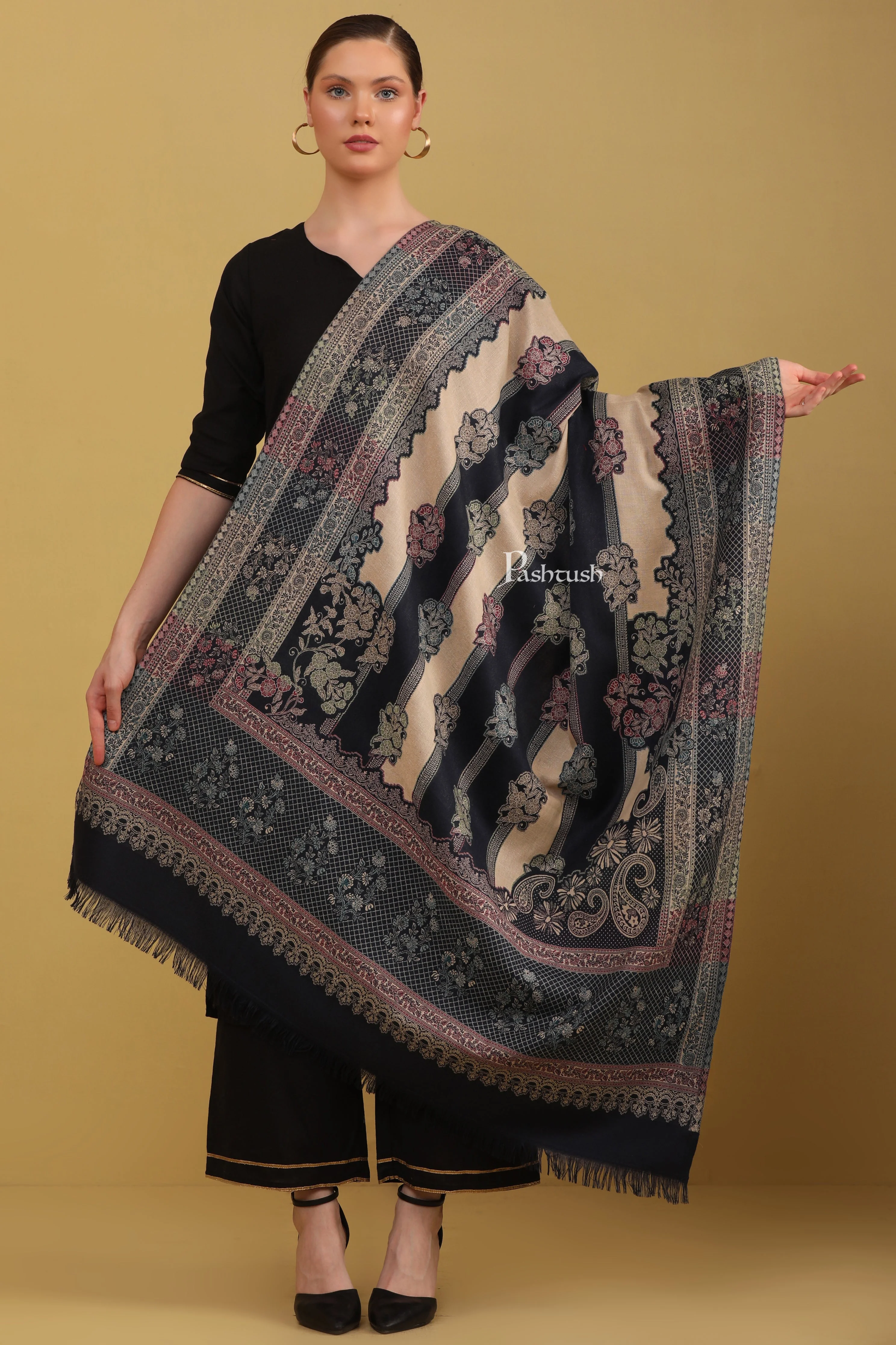 Pashtush Womens Faux Pashmina Shawl, Floral Weave ,Blue - Image 2