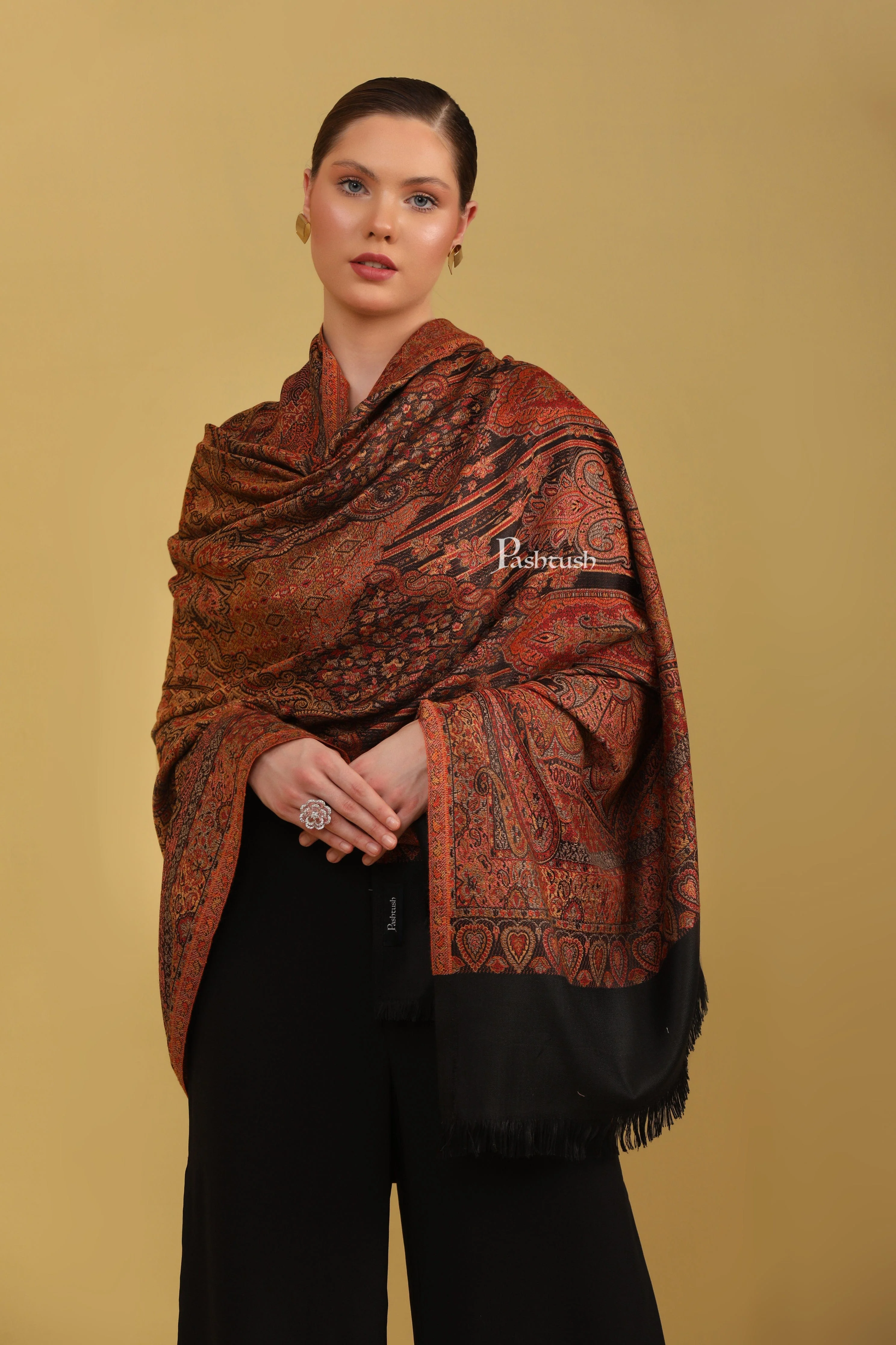 Pashtush Womens Faux Pashmina Shawl, Jamawar Design, Black - Image 3