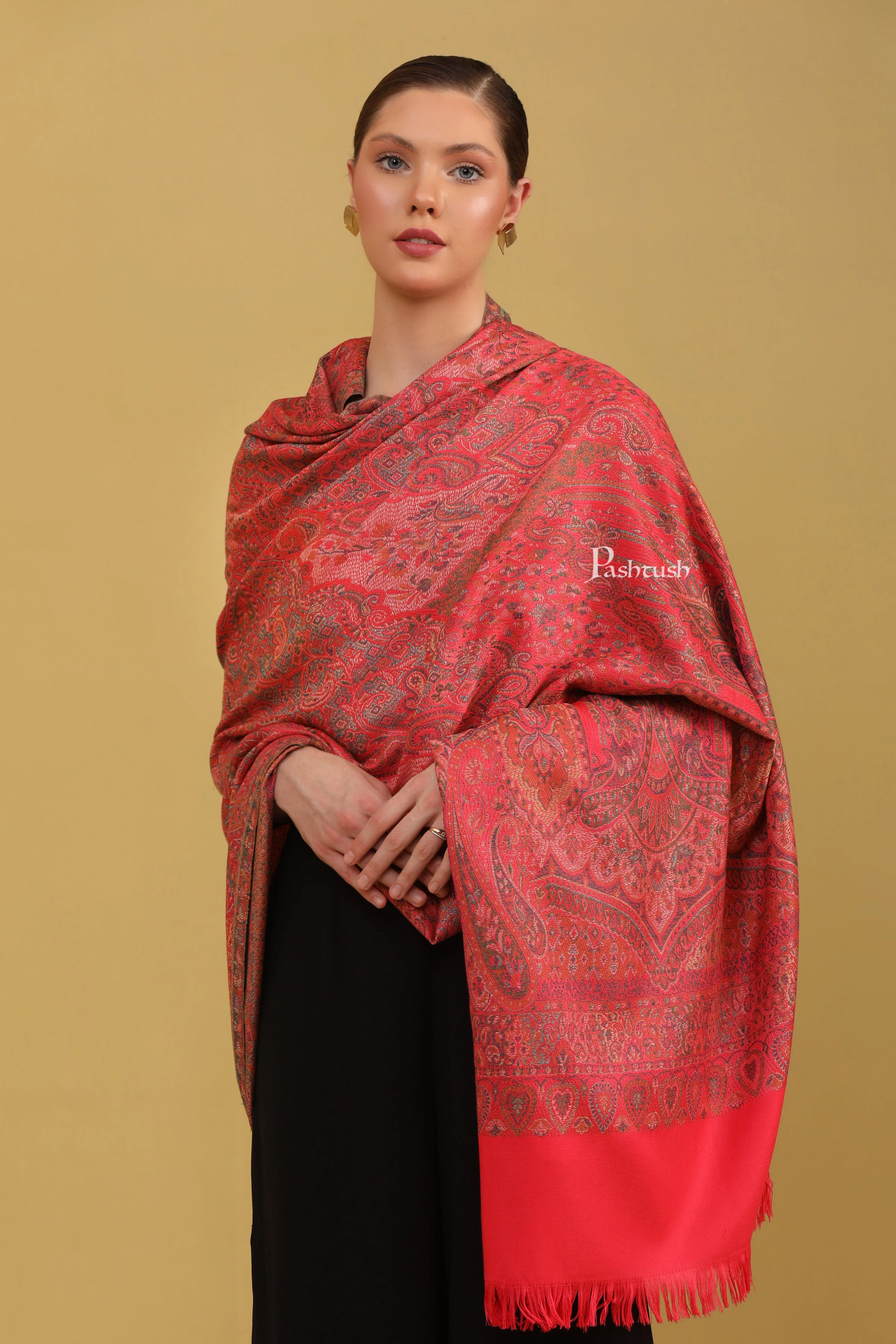Pashtush Womens Faux Pashmina Shawl, Jamawar Design, Dark Pink - Image 3