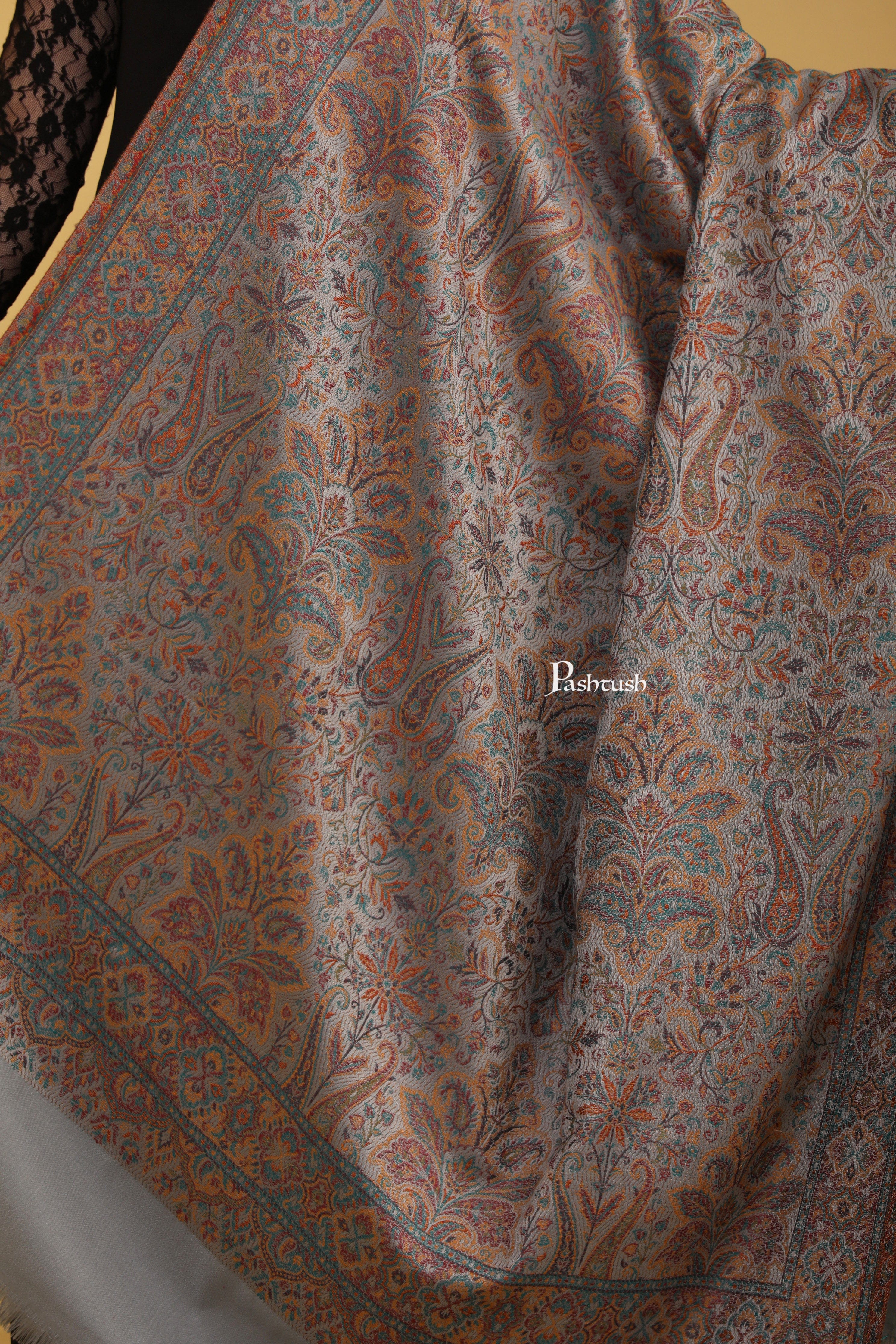 Pashtush Womens Faux Pashmina Shawl, Jamawar Design, Grey - Image 2