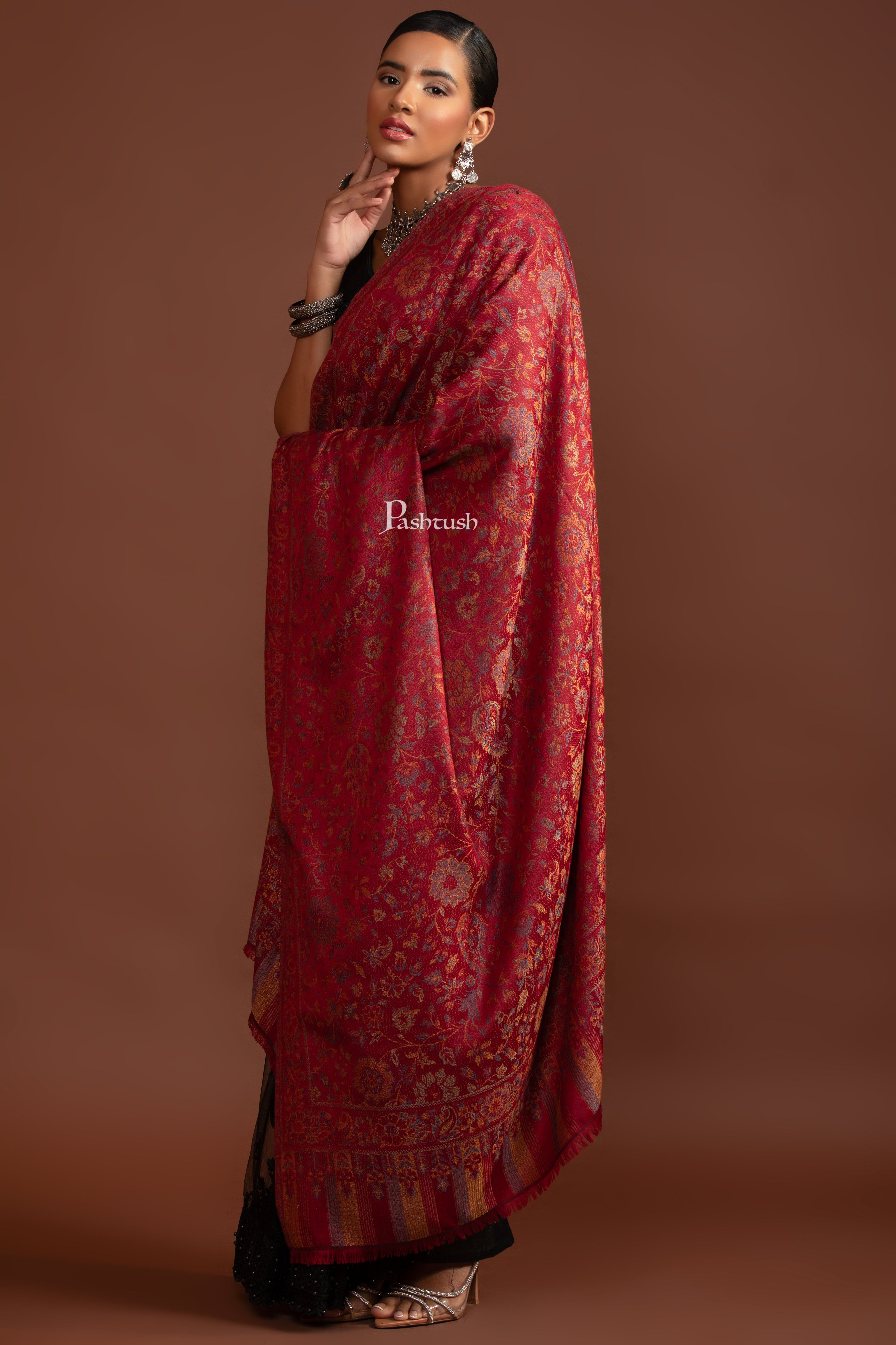 Pashtush Gift pack for Women, Faux Pashmina Shawl, Jamawar Design, Maroon - Image 6
