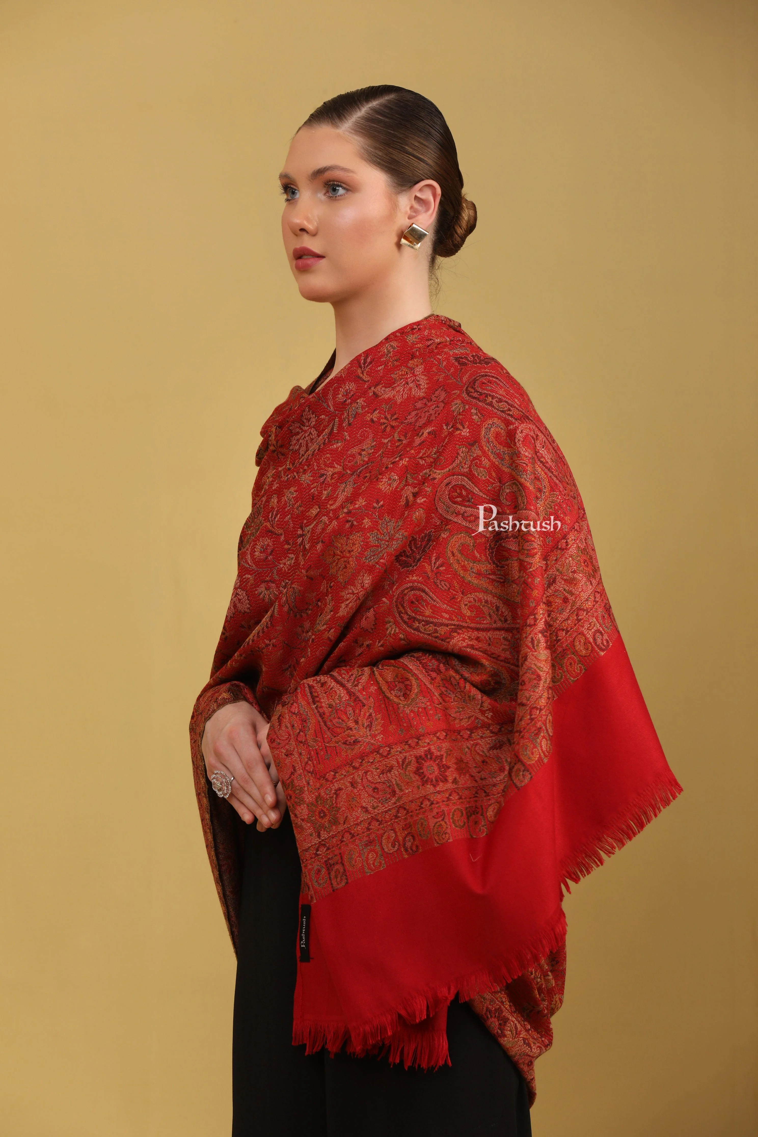 Pashtush Womens Faux Pashmina Shawl, Jamawar Design, Maroon - Image 4