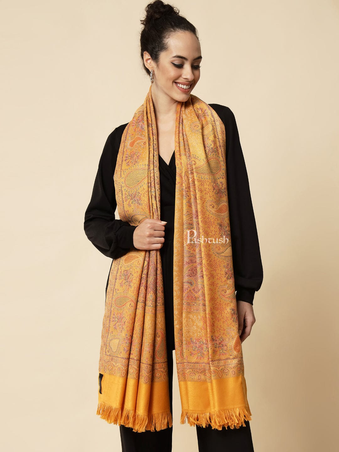 Pashtush womens Faux Pashmina Shawl, jamawar design, Mustard - Image 2