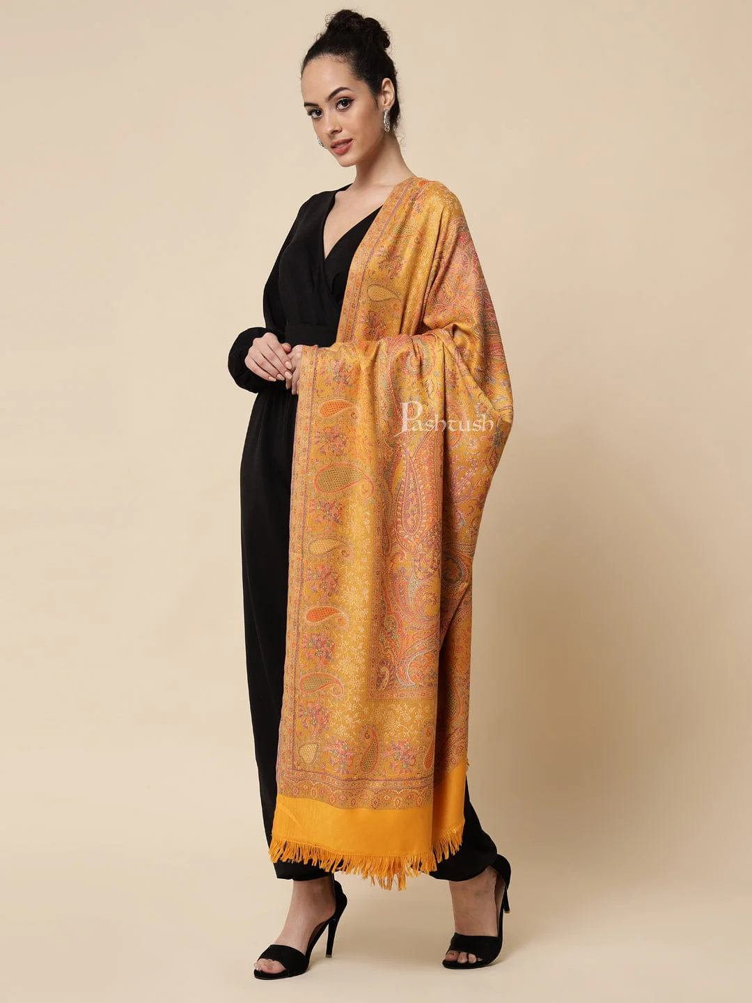 Pashtush womens Faux Pashmina Shawl, jamawar design, Mustard - Image 3