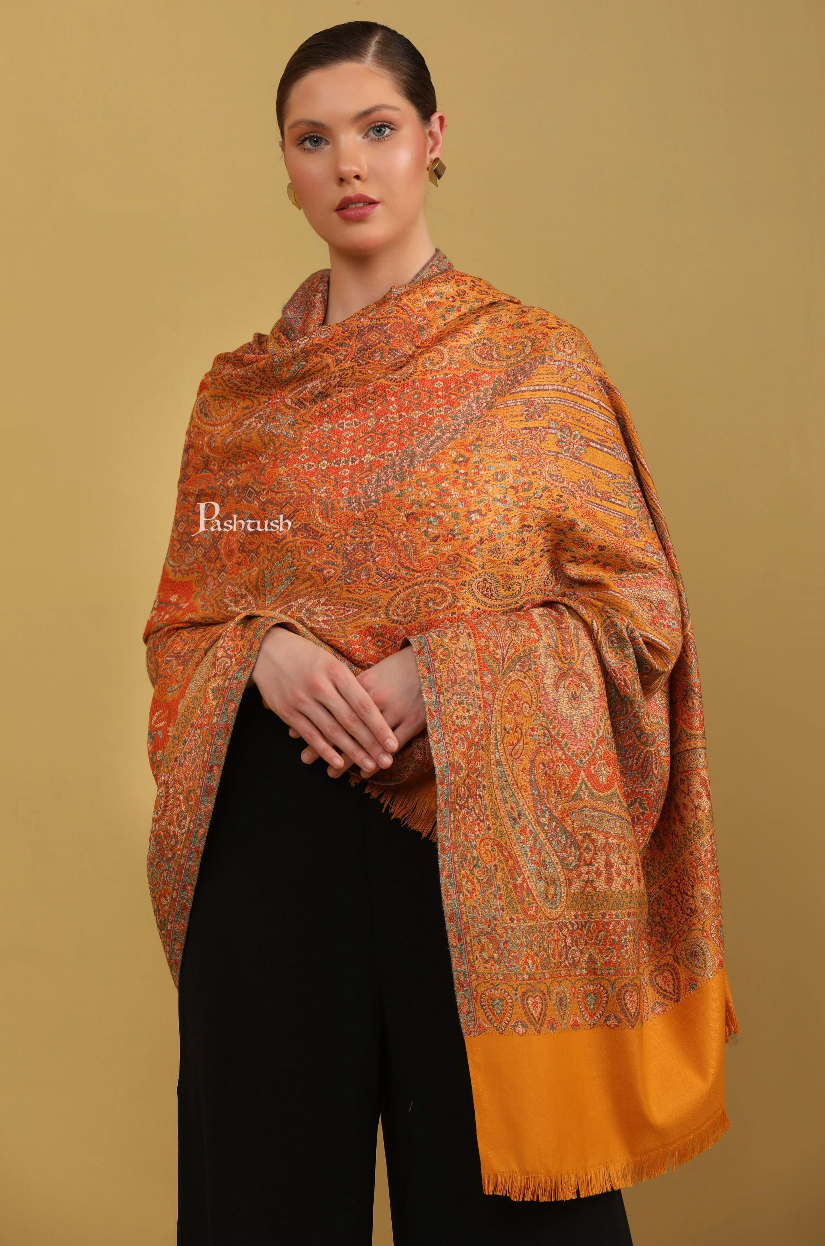 Pashtush Womens Faux Pashmina Shawl, Jamawar Design, Mustard - Image 4