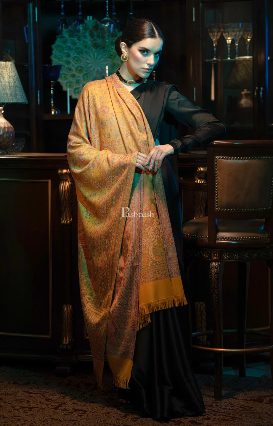 Pashtush womens Faux Pashmina shawl, Jamawar design, Mustard - Image 3