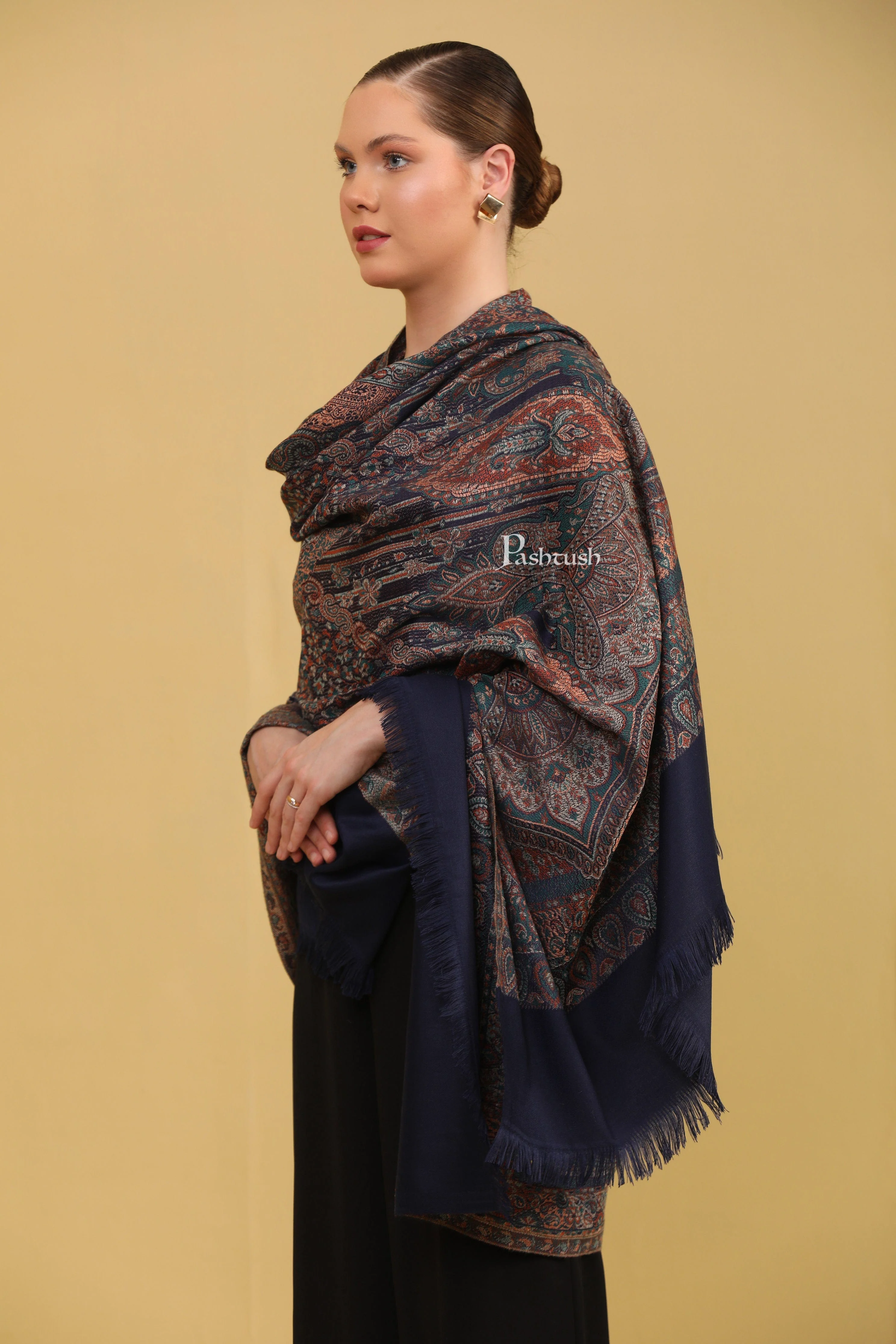 Pashtush Womens Faux Pashmina Shawl, Jamawar Design, Navy Blue - Image 4