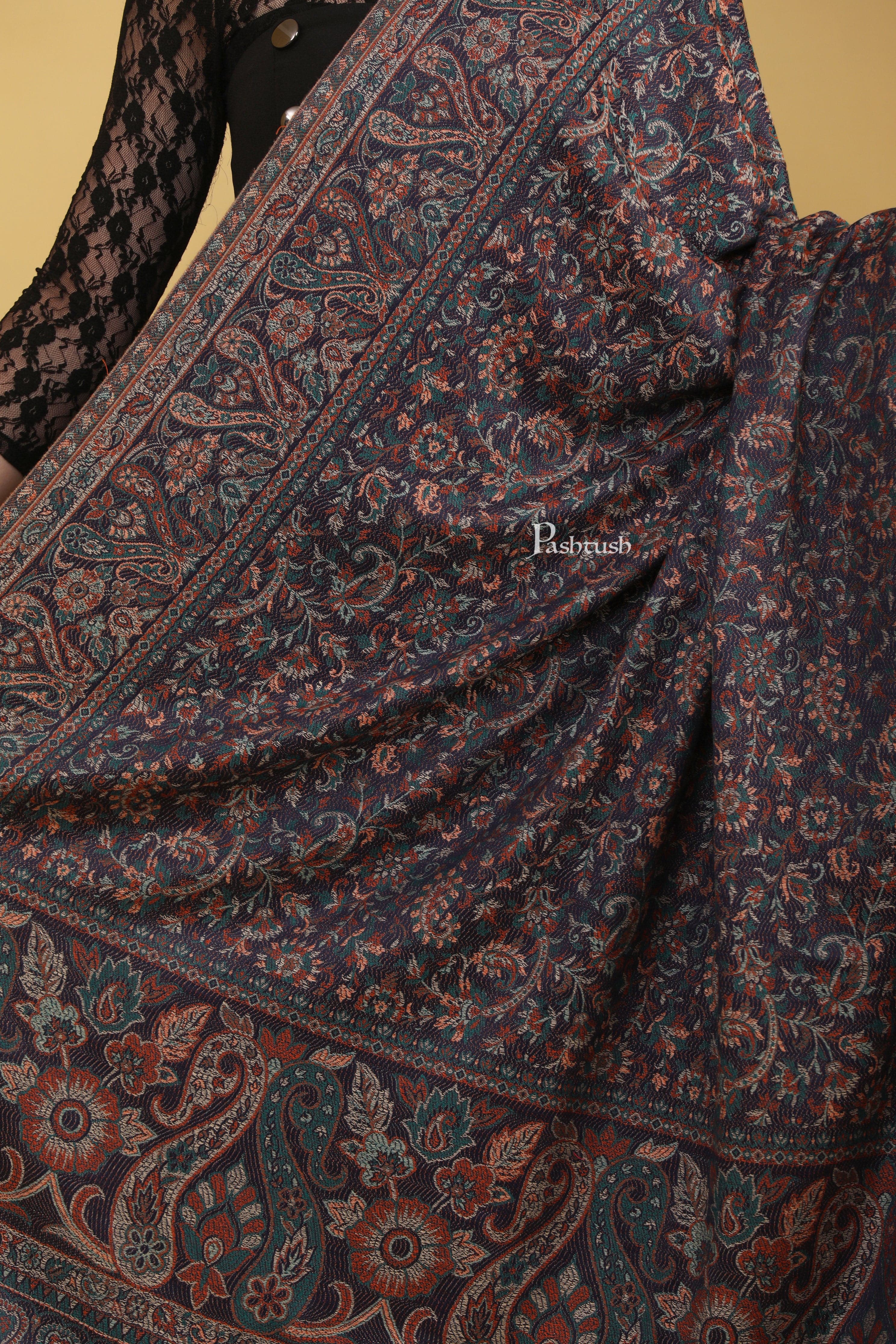 Pashtush Womens Faux Pashmina Shawl, Jamawar Design, Navy Blue - Image 2