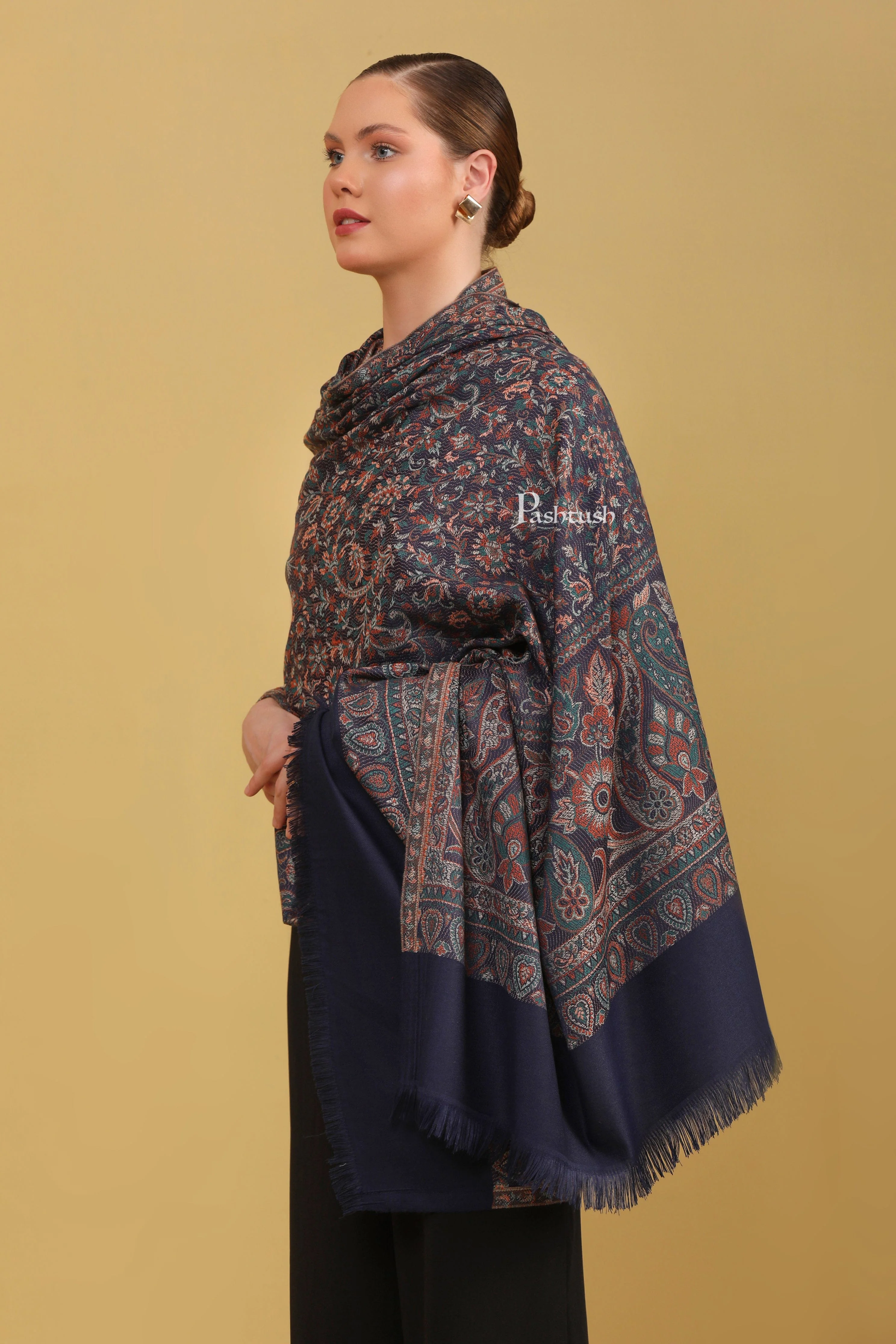Pashtush Womens Faux Pashmina Shawl, Jamawar Design, Navy Blue - Image 5