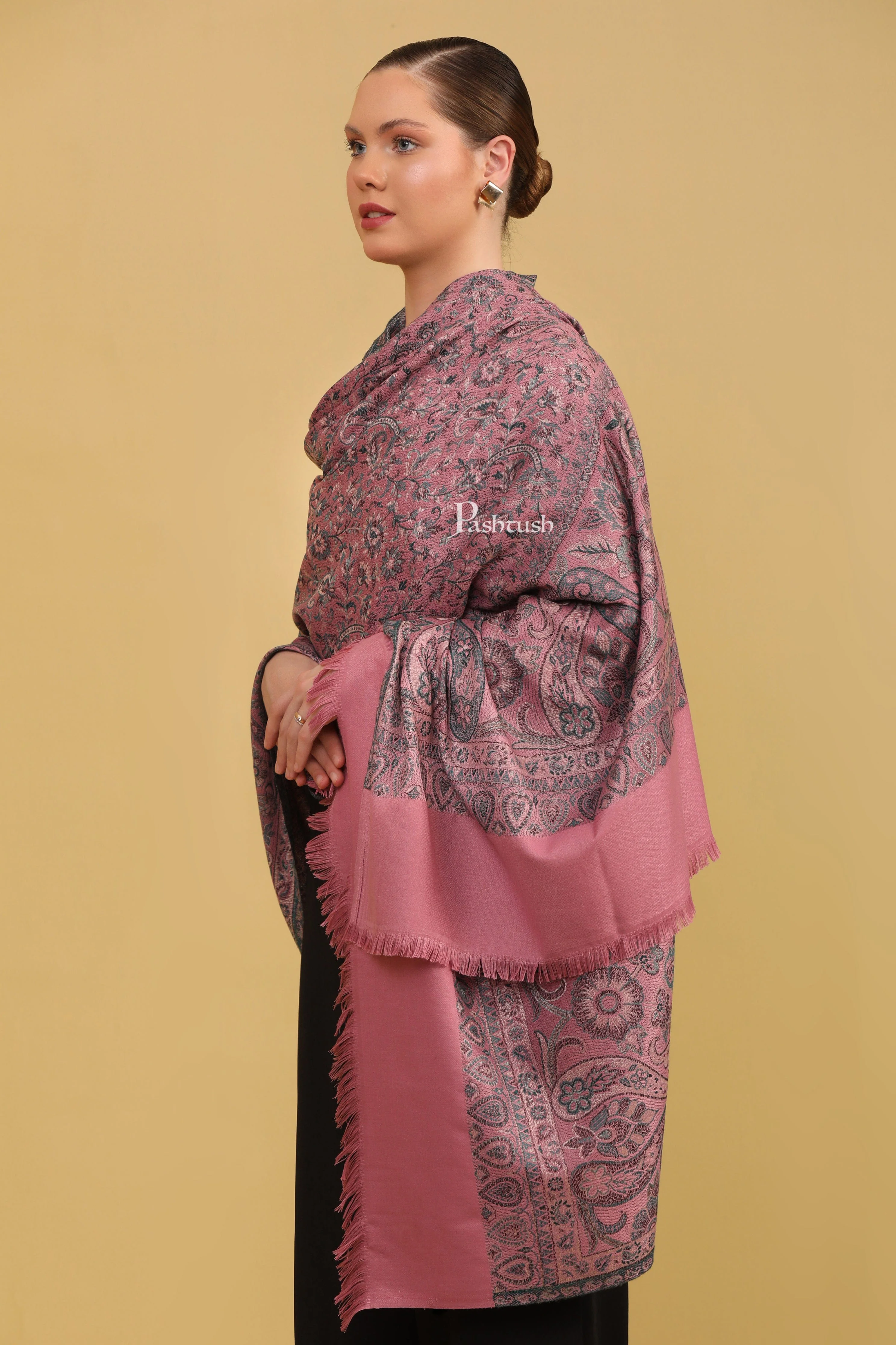 Pashtush Womens Faux Pashmina Shawl, Jamawar Design, Swan Pink - Image 3