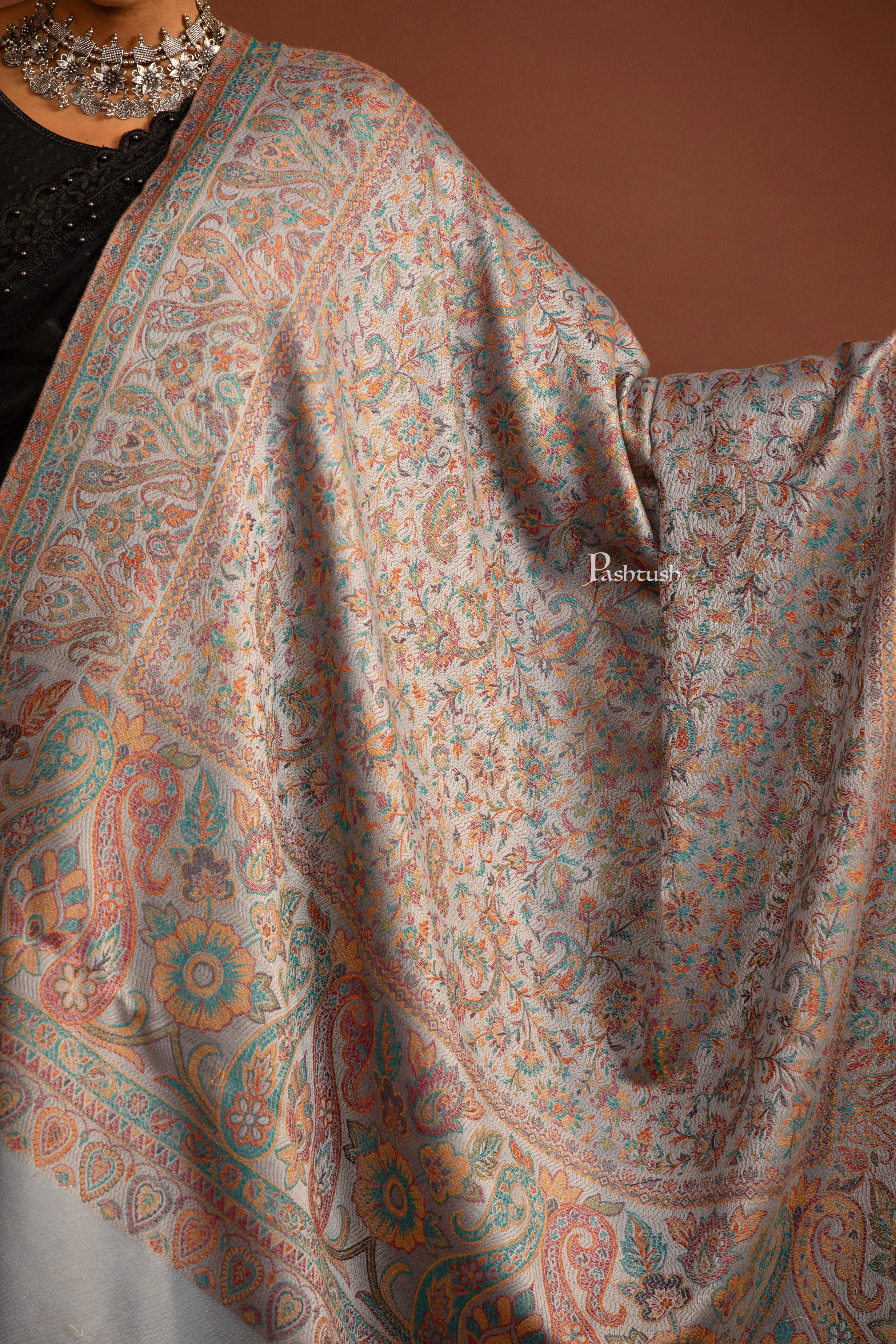 Pashtush Womens Faux Pashmina Shawl, Jamawar Design, Slate Grey - Image 2
