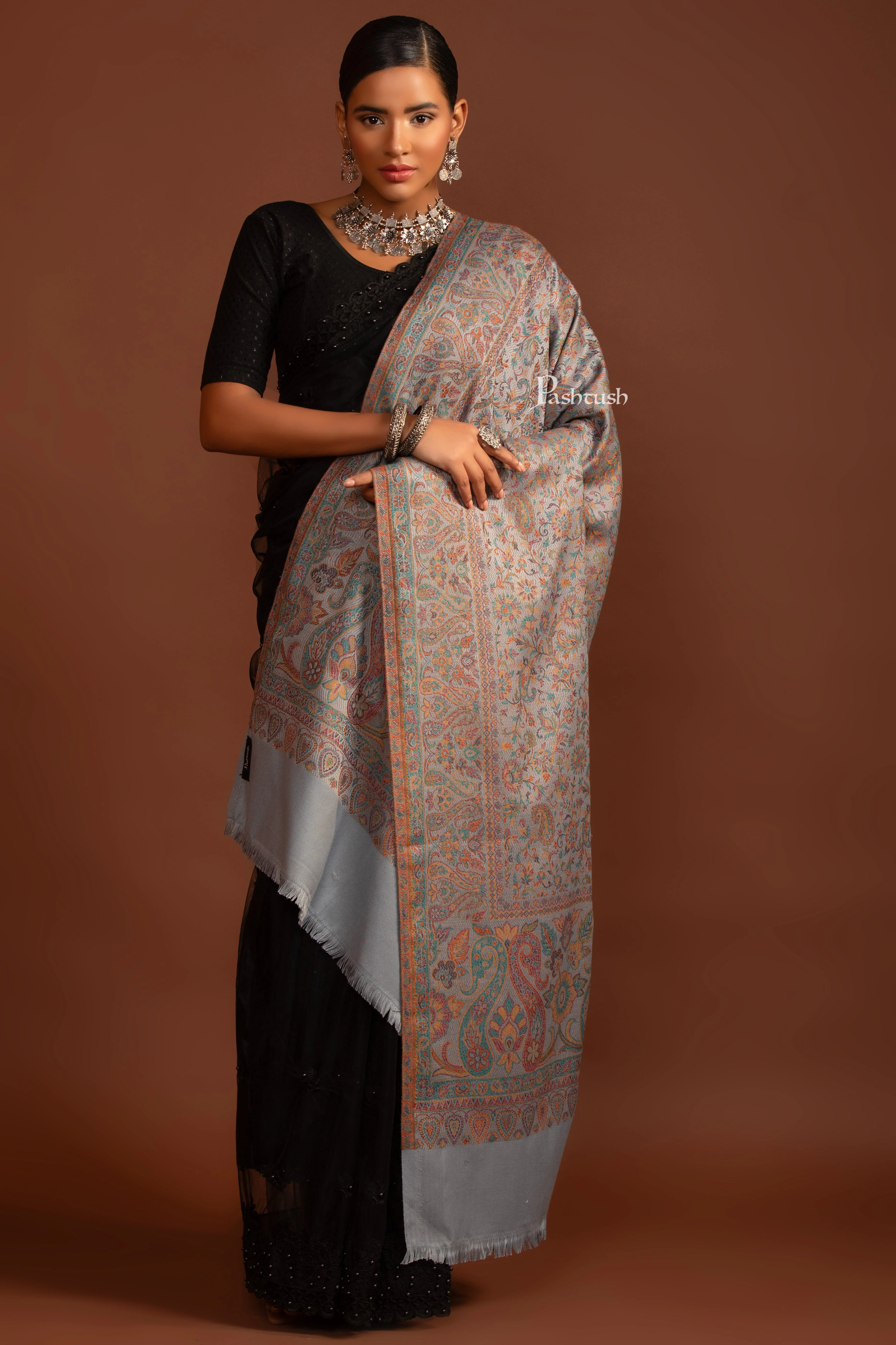 Pashtush Womens Faux Pashmina Shawl, Jamawar Design, Slate Grey - Image 4
