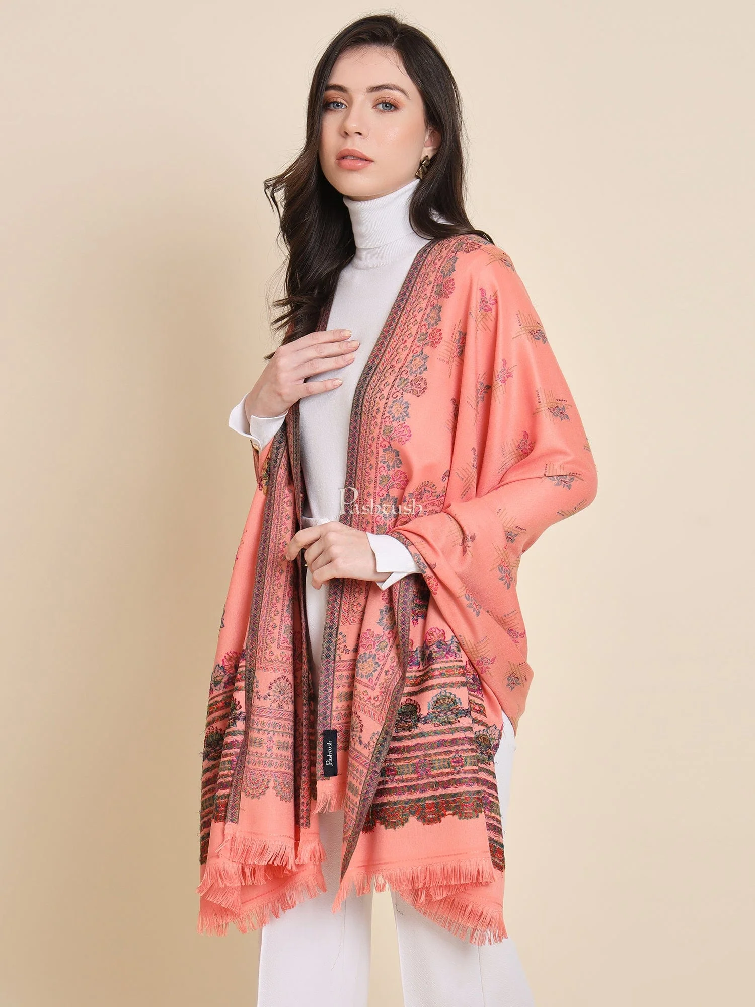Pashtush Womens Faux Pashmina Shawl, Paisley Ethnic Woven Design, Peach - Image 5