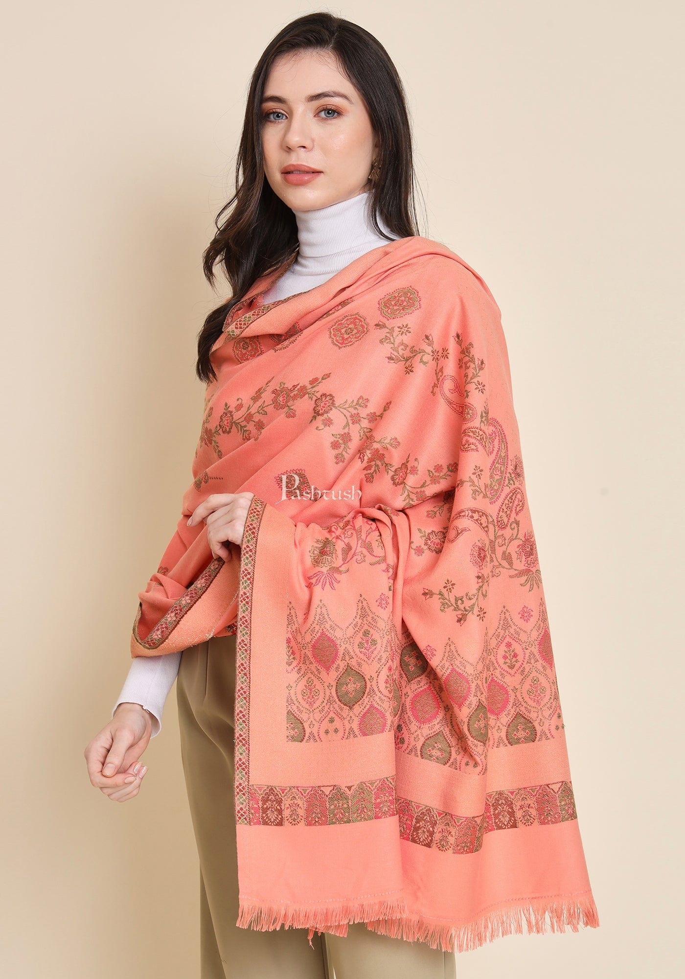 Pashtush Womens Faux Pashmina Shawl, Paisley Weave Zari Design, Peach - Image 3