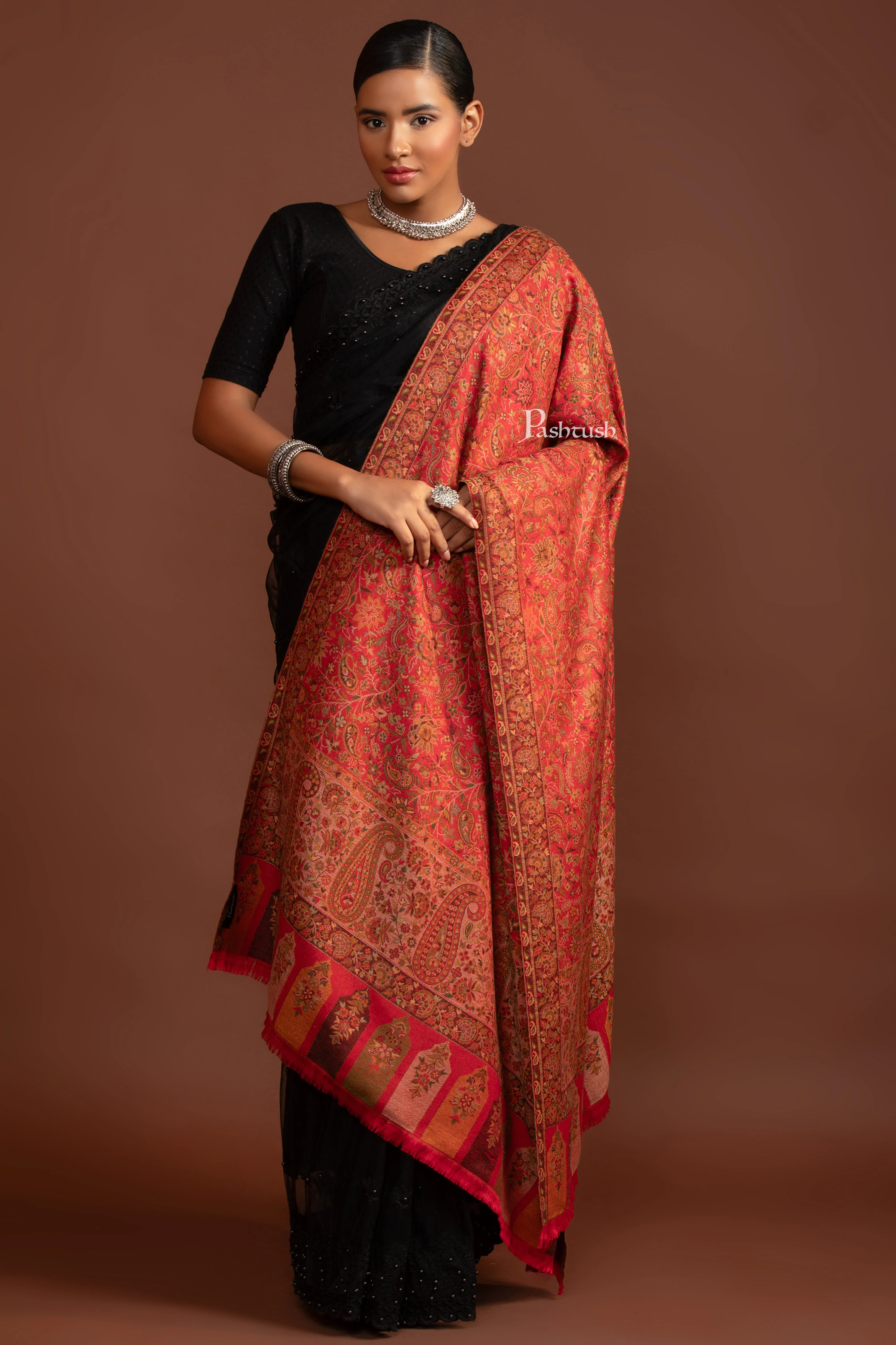 Pashtush Womens Faux Pashmina Shawl, Pasiley Weave' Design, Red - Image 4