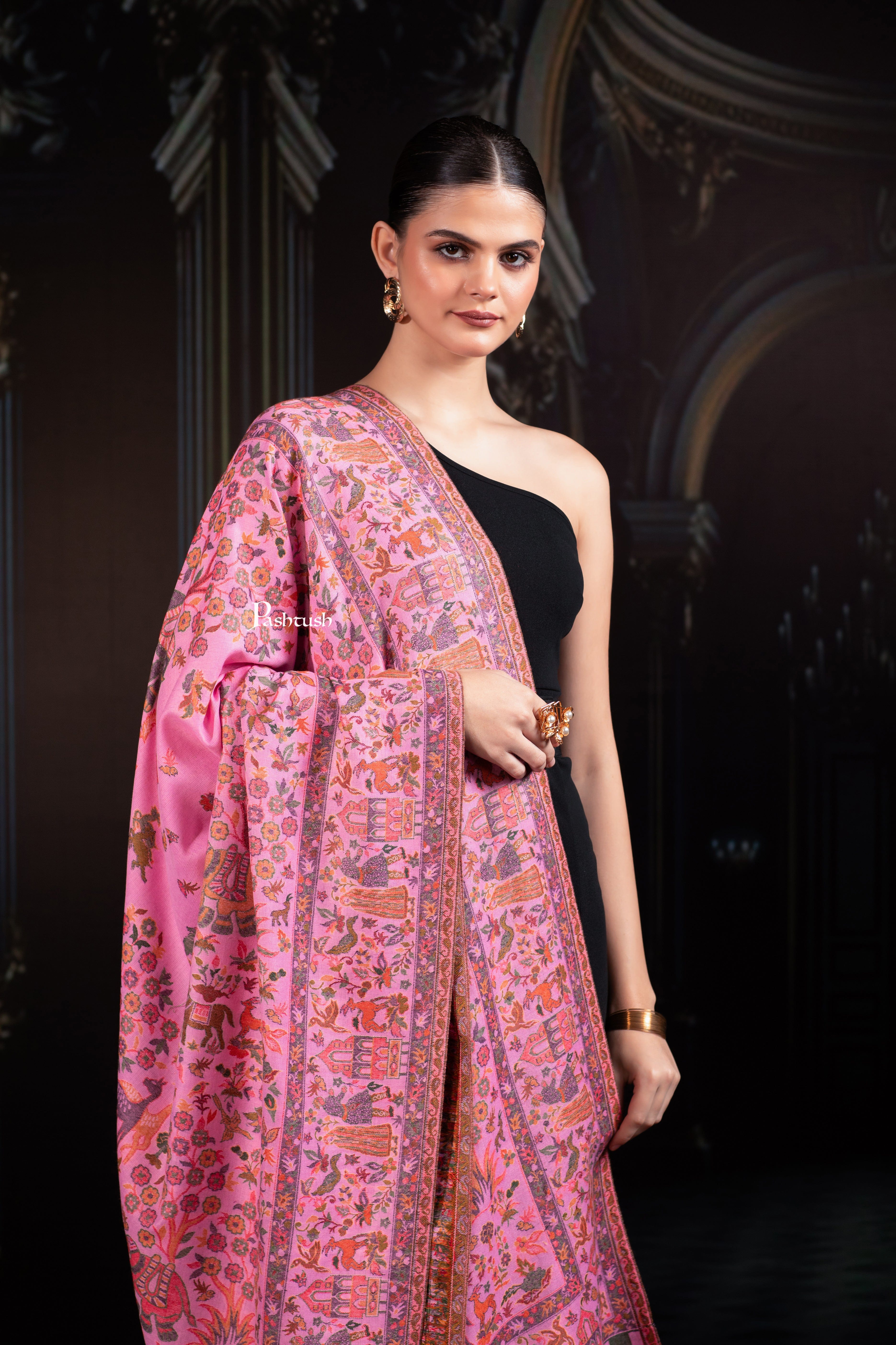 Pashtush Womens Faux Pashmina Shawl, Woven Bagh Design, Light Pink - Image 4