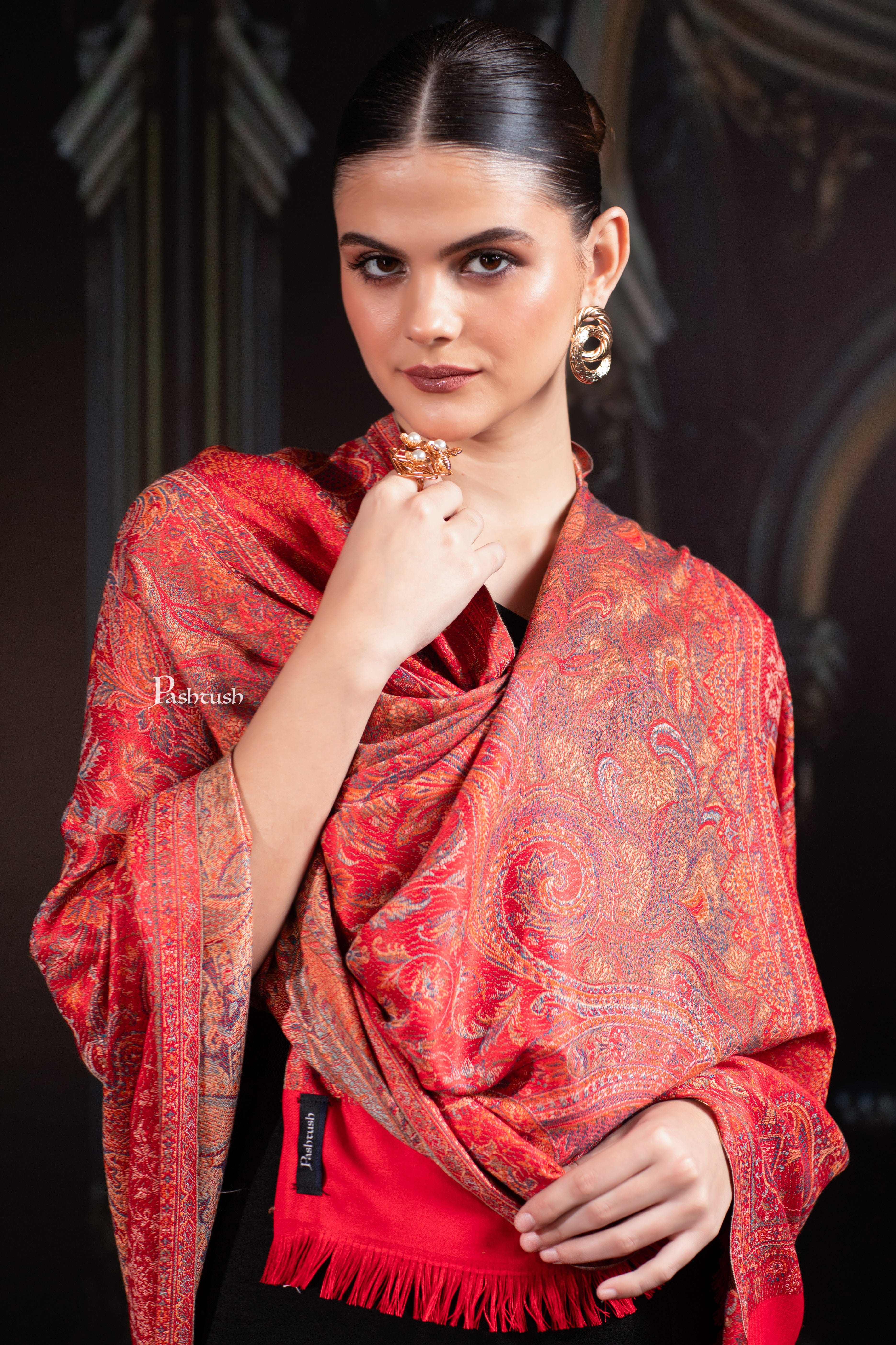 Pashtush Womens Faux Pashmina Shawl, Woven Jamawar, Red - Image 5