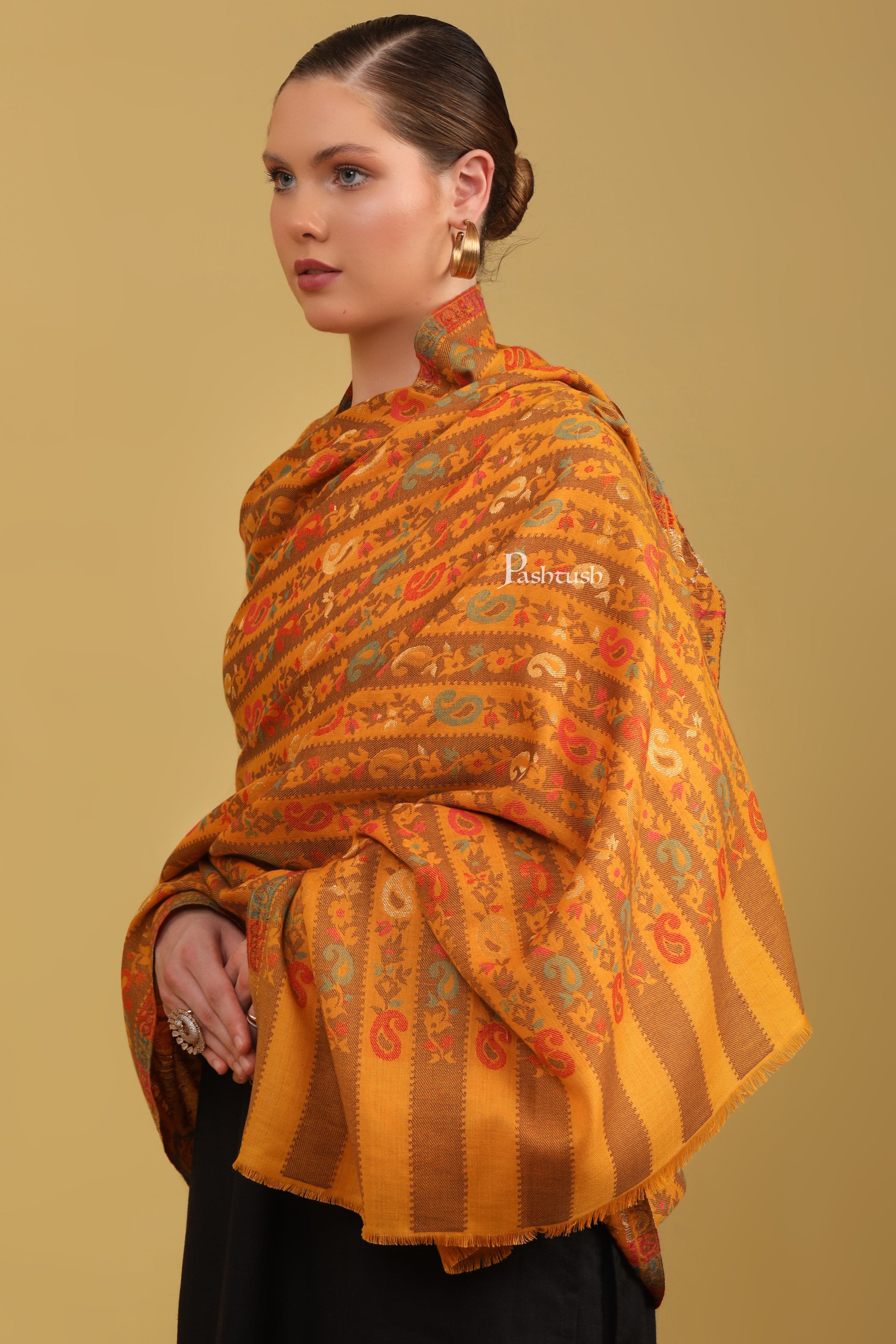 Pashtush Womens Faux Pashmina Shawl, Woven Striped Weave With Metallic Threads, Mustard - Image 5