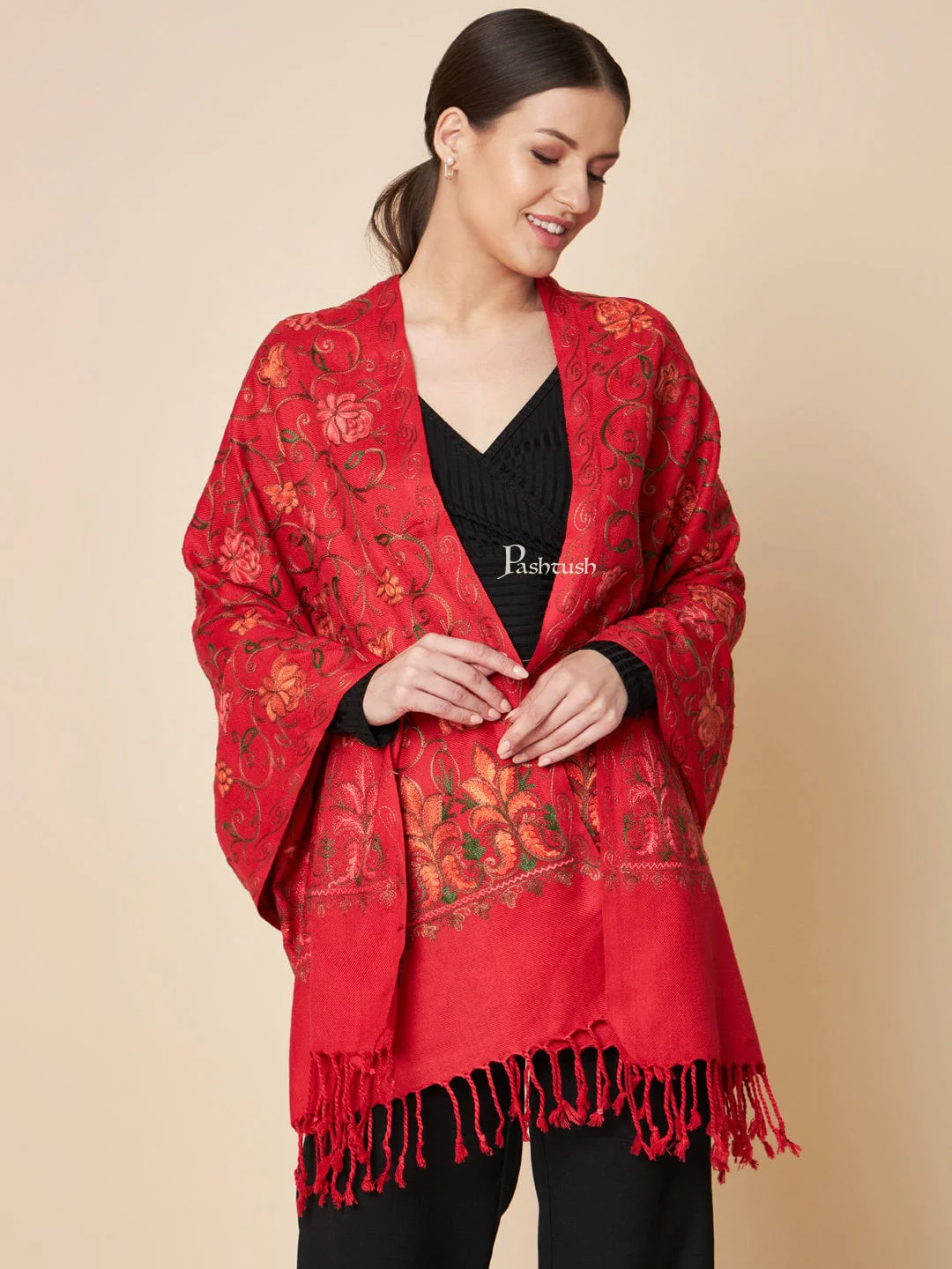 Pashtush Womens Faux Pashmina Stole, Aari Embroidery Design, Maroon - Image 3